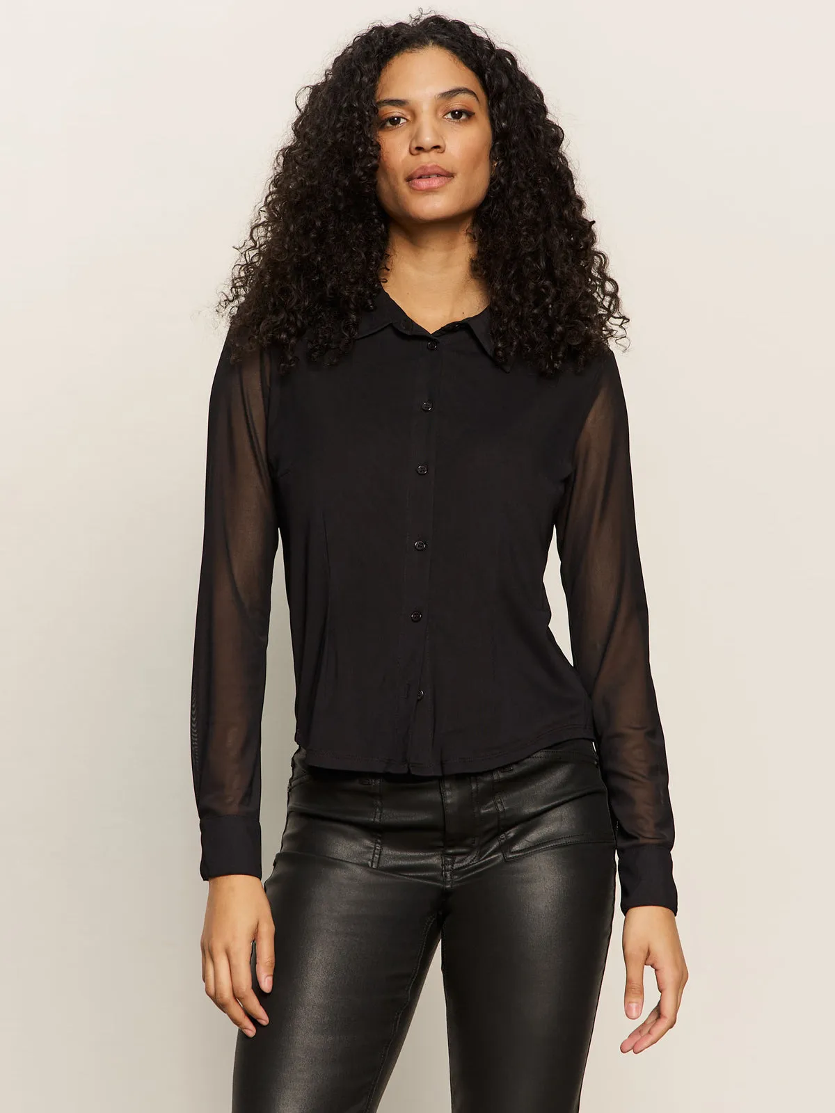 Stretchable Neckline Fitted Mesh Button Down Top Black
