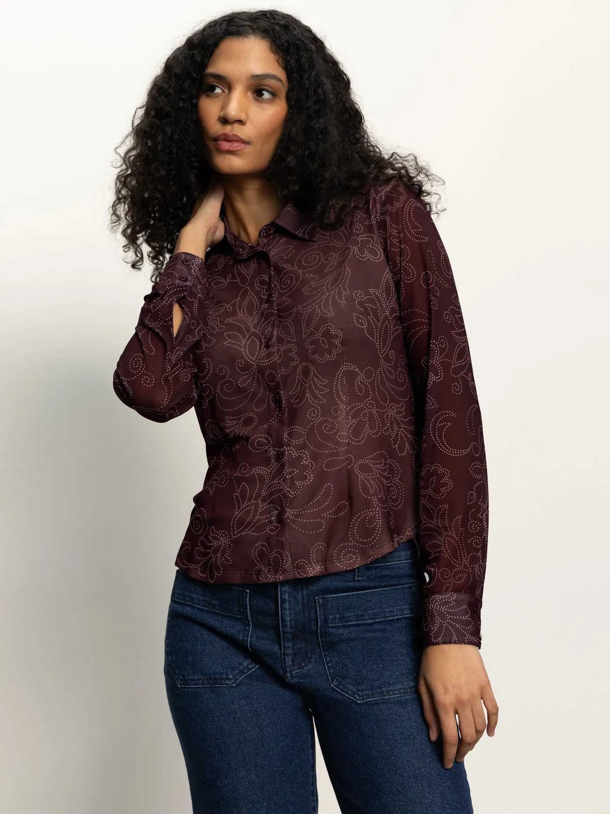 Full Coverage Fit Fitted Mesh Button Down Top Boheme