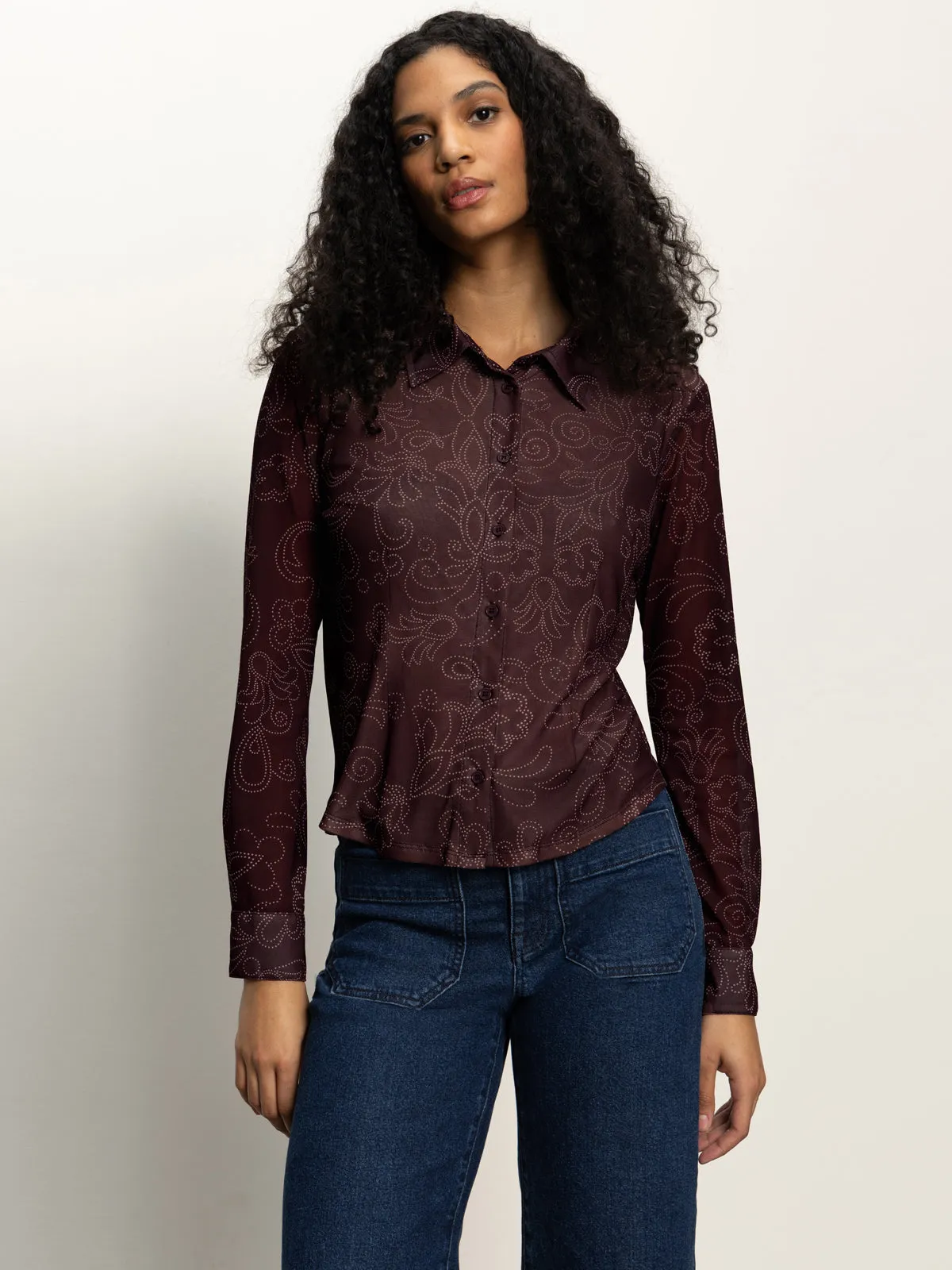 Fitted Mesh Button Down Top Boheme High Density Knit