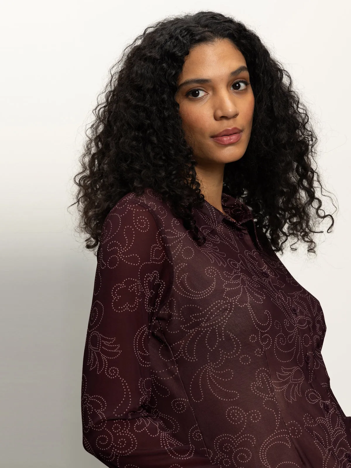 Fitted Mesh Button Down Top Boheme Urban Style wrinkle free Moisture Wicking Fabric