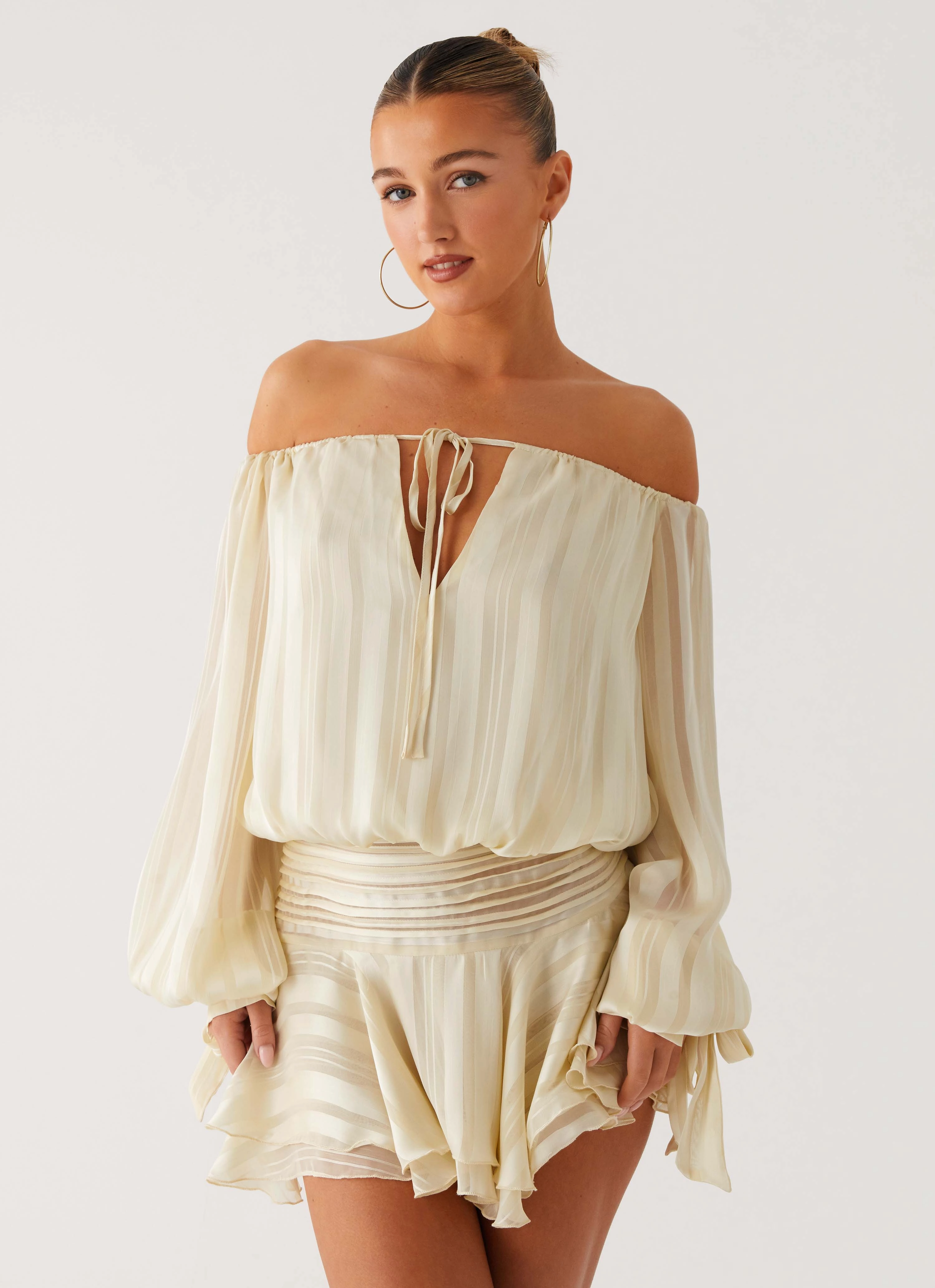 Eira Balloon Sleeve Mini Dress - Ivory Faux Leather Romantic Vibe