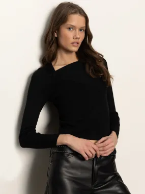 Long Sleeve Shoulder Twist Top Black StretchFabric