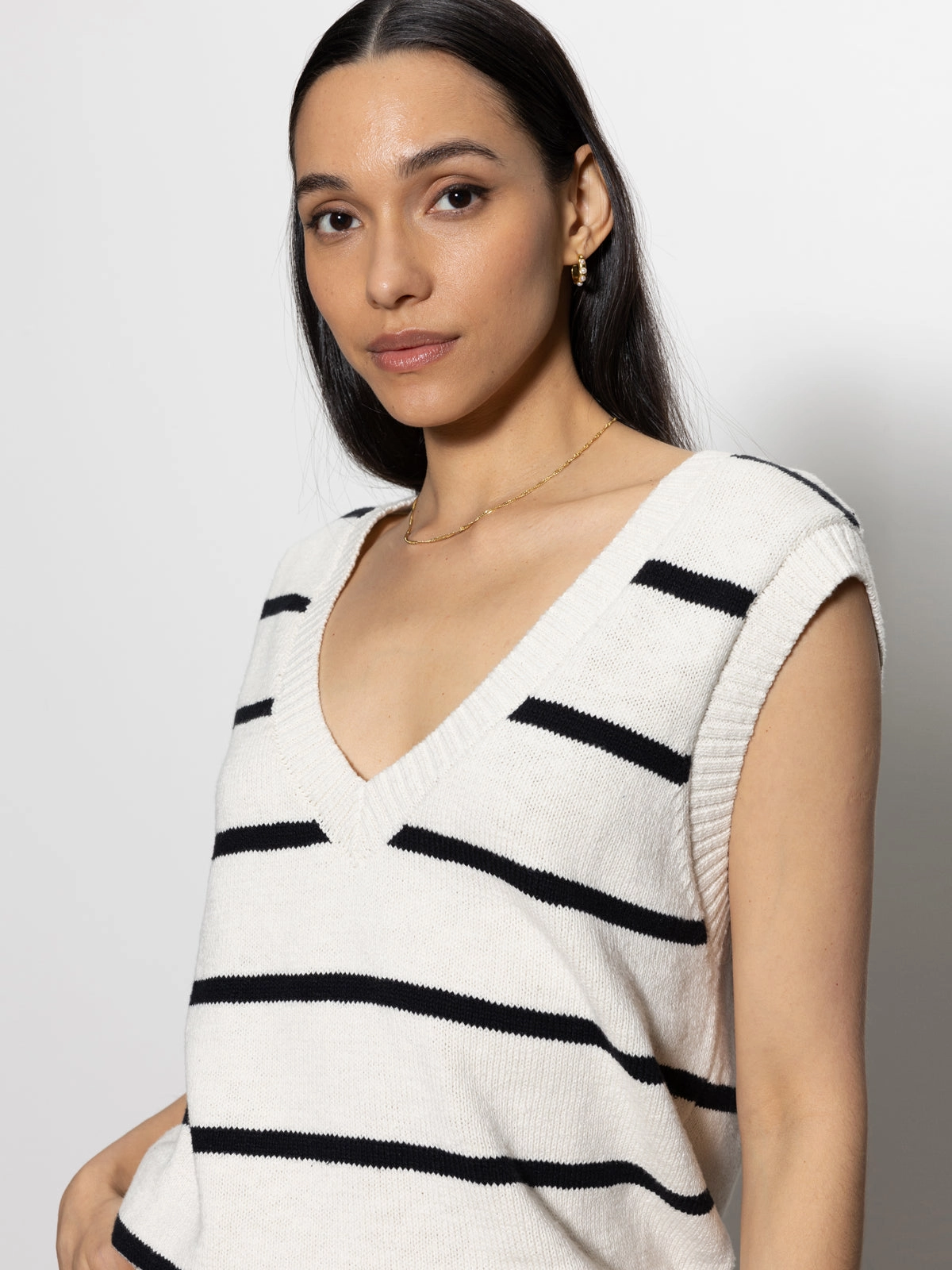 Boyfriend Sweater Vest Chalk with Black Minimalist Detailing MultiPanel Design