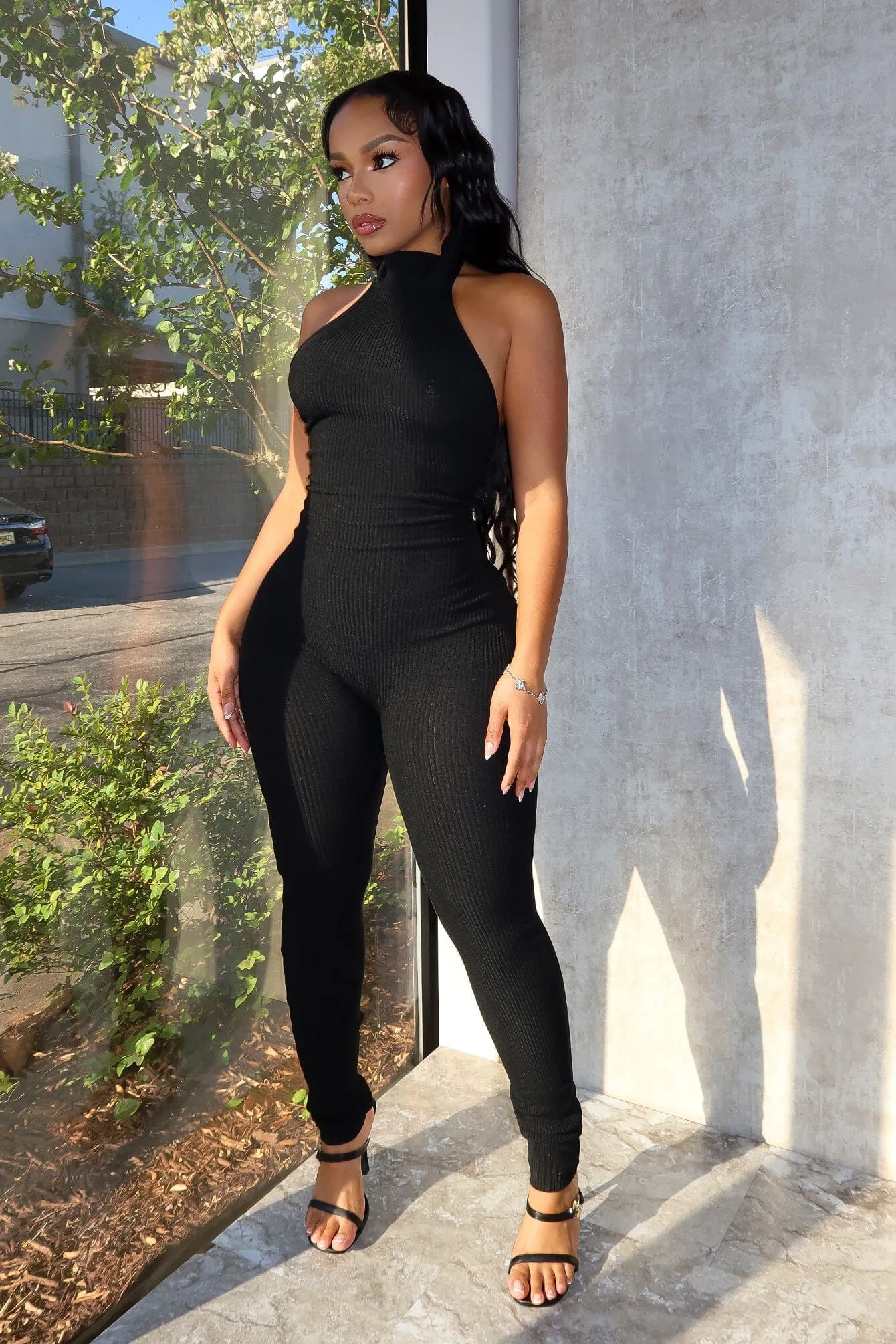 Stretch Fit Outfit Staple Miles Mock Neck Lace Up Jumpsuit