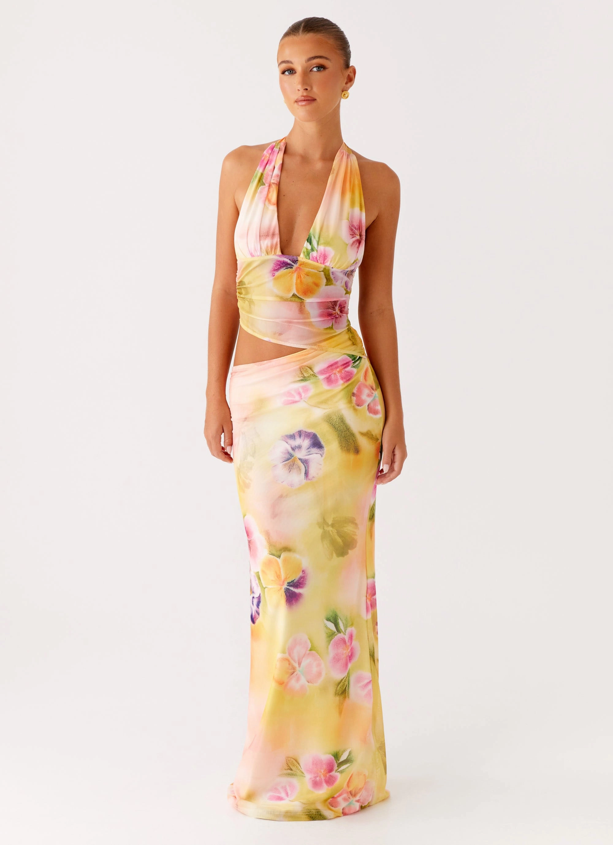 Main Act Halter Maxi Dress - Sunburst Floral Modern Layers