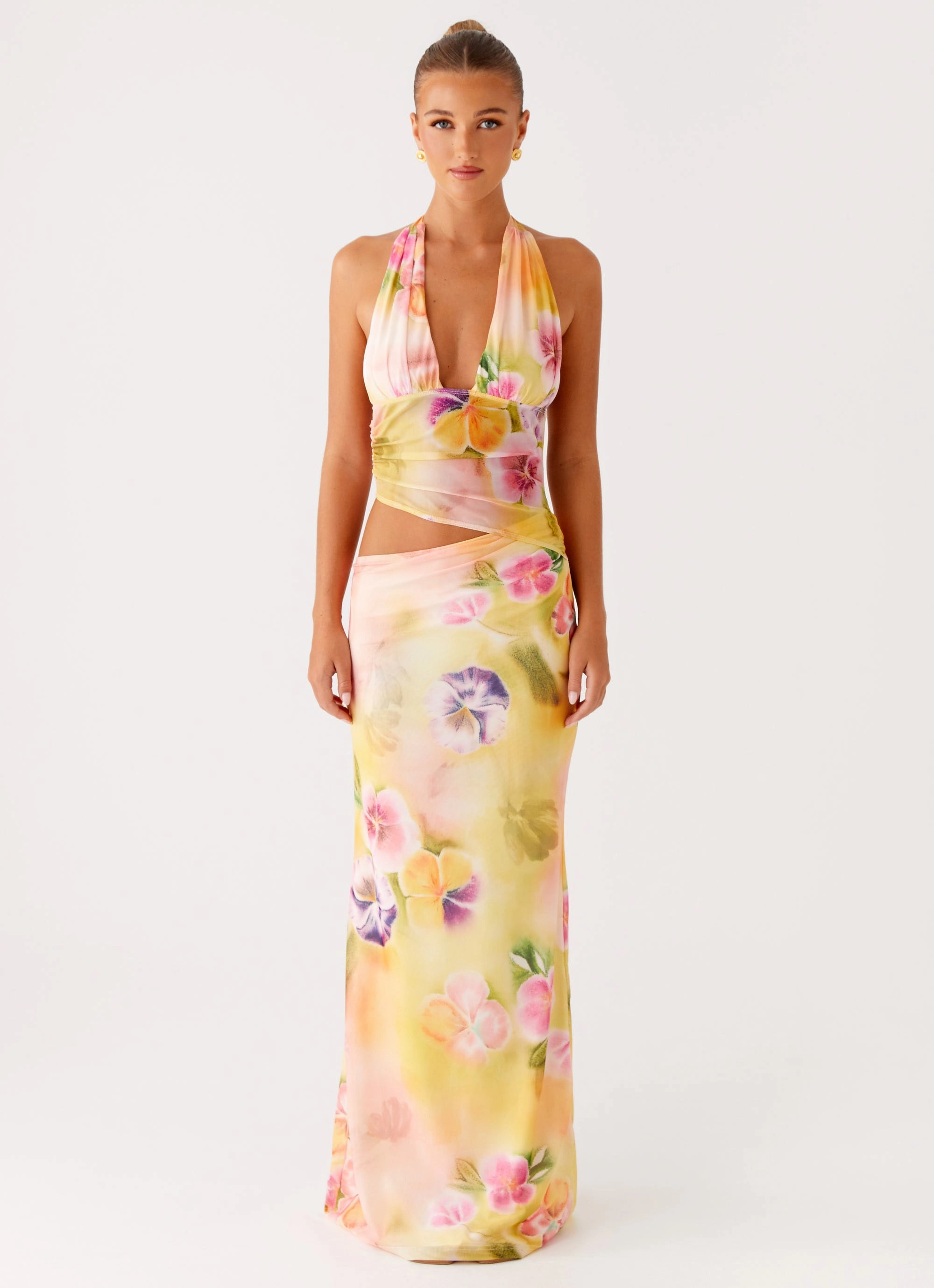 Light Fabric Main Act Halter Maxi Dress - Sunburst Floral