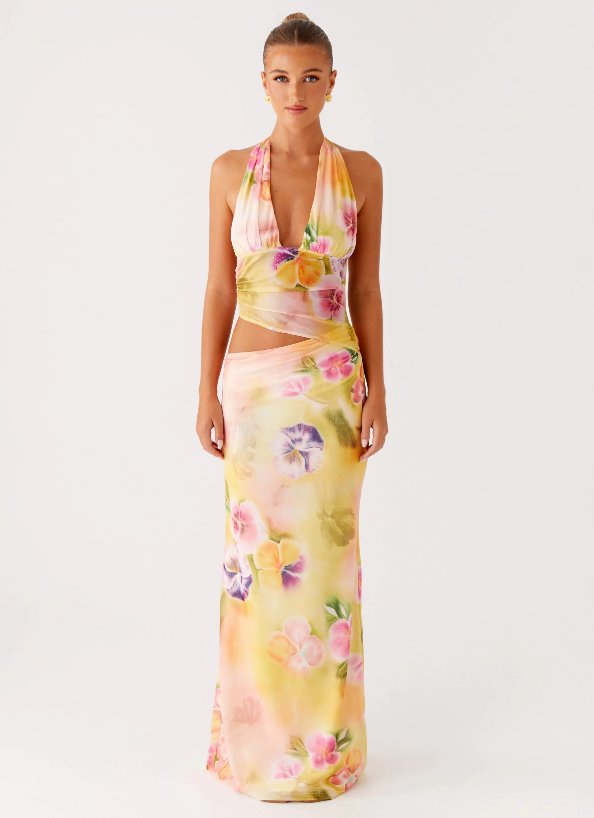 Urban Touch Sleek Appearance Main Act Halter Maxi Dress - Sunburst Floral