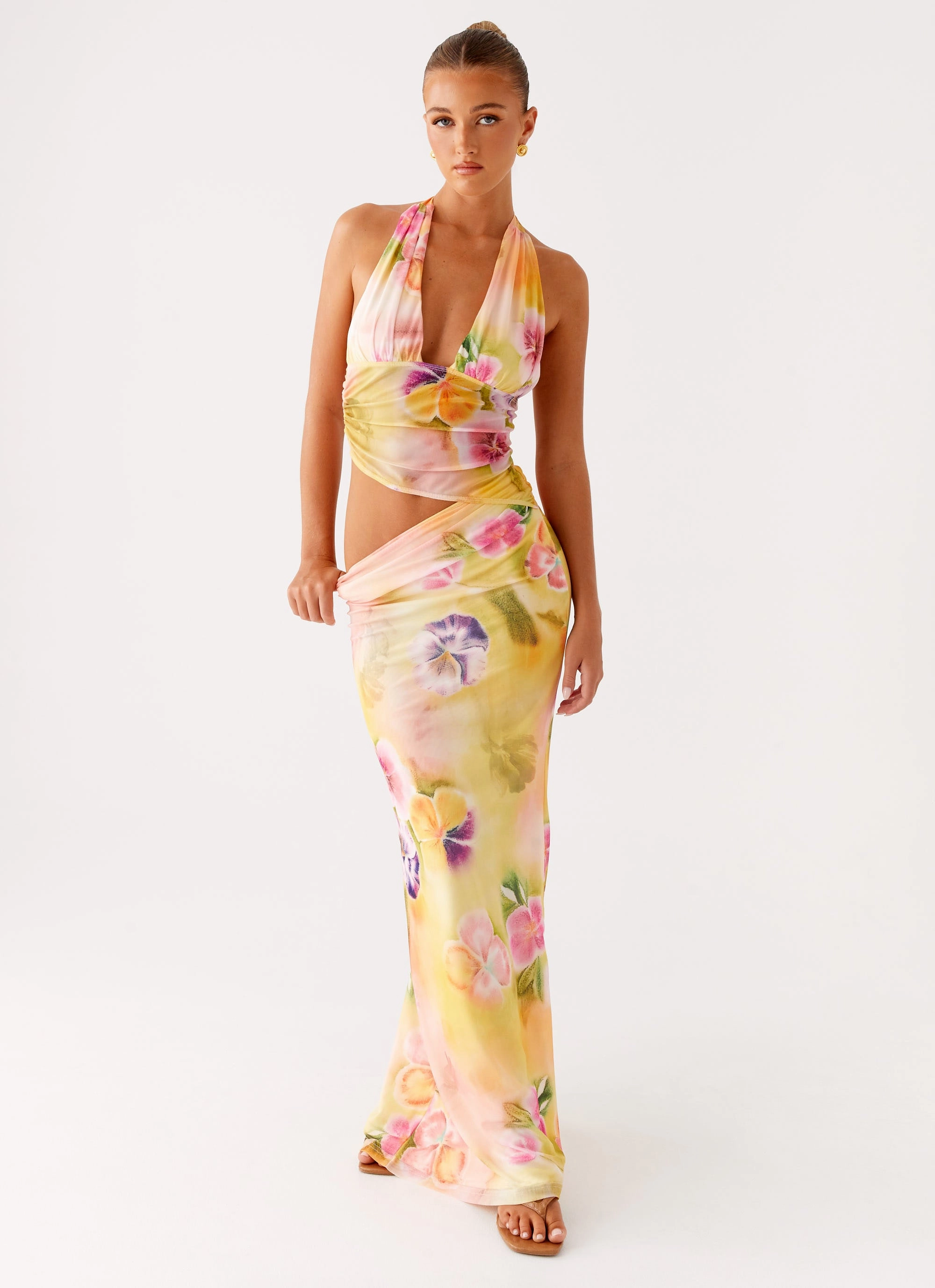 Main Act Halter Maxi Dress - Sunburst Floral Evening Ready Bold Movement
