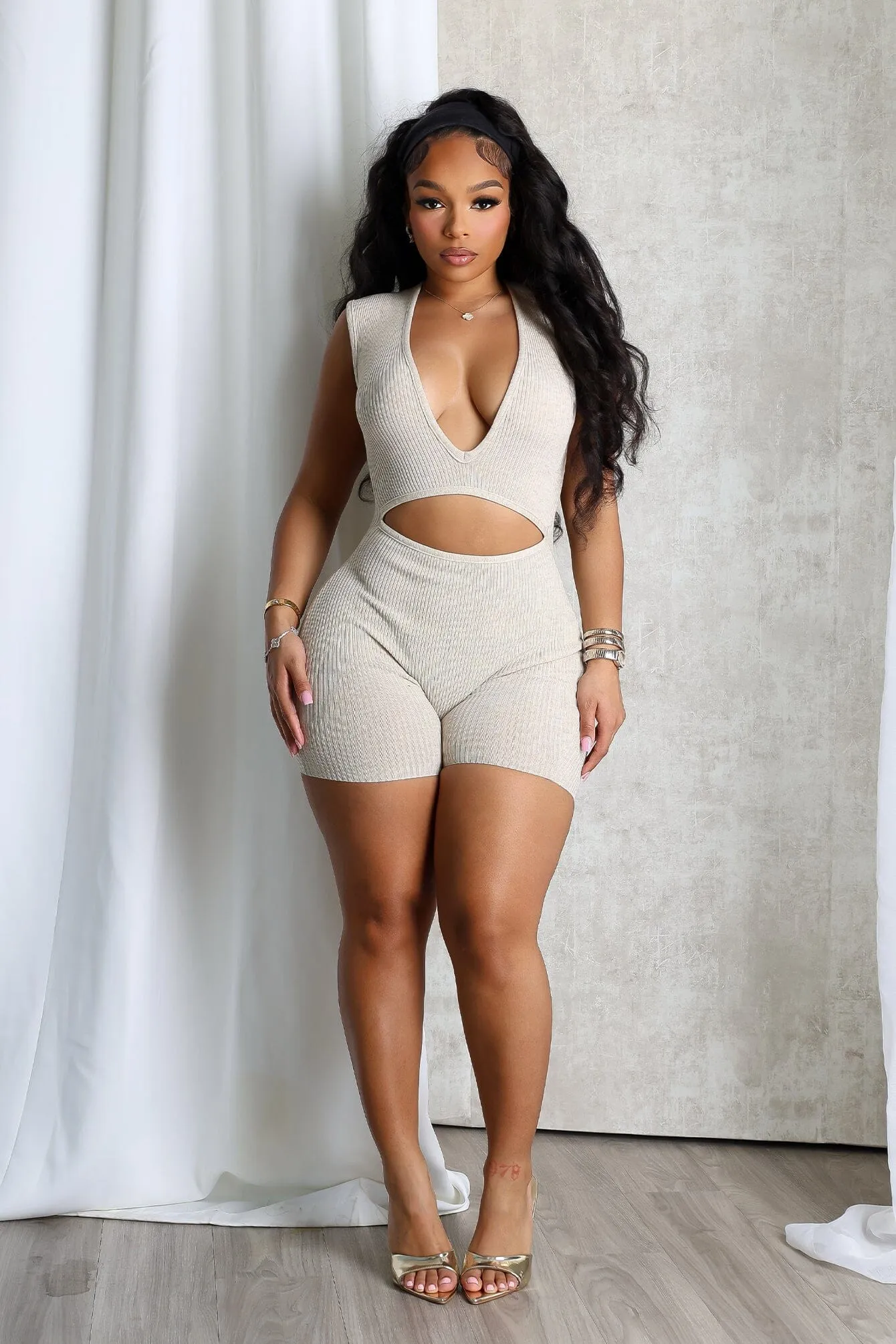 SecureCargoPockets Cozy Style Clara Knit Deep V Neck Ribbed Romper