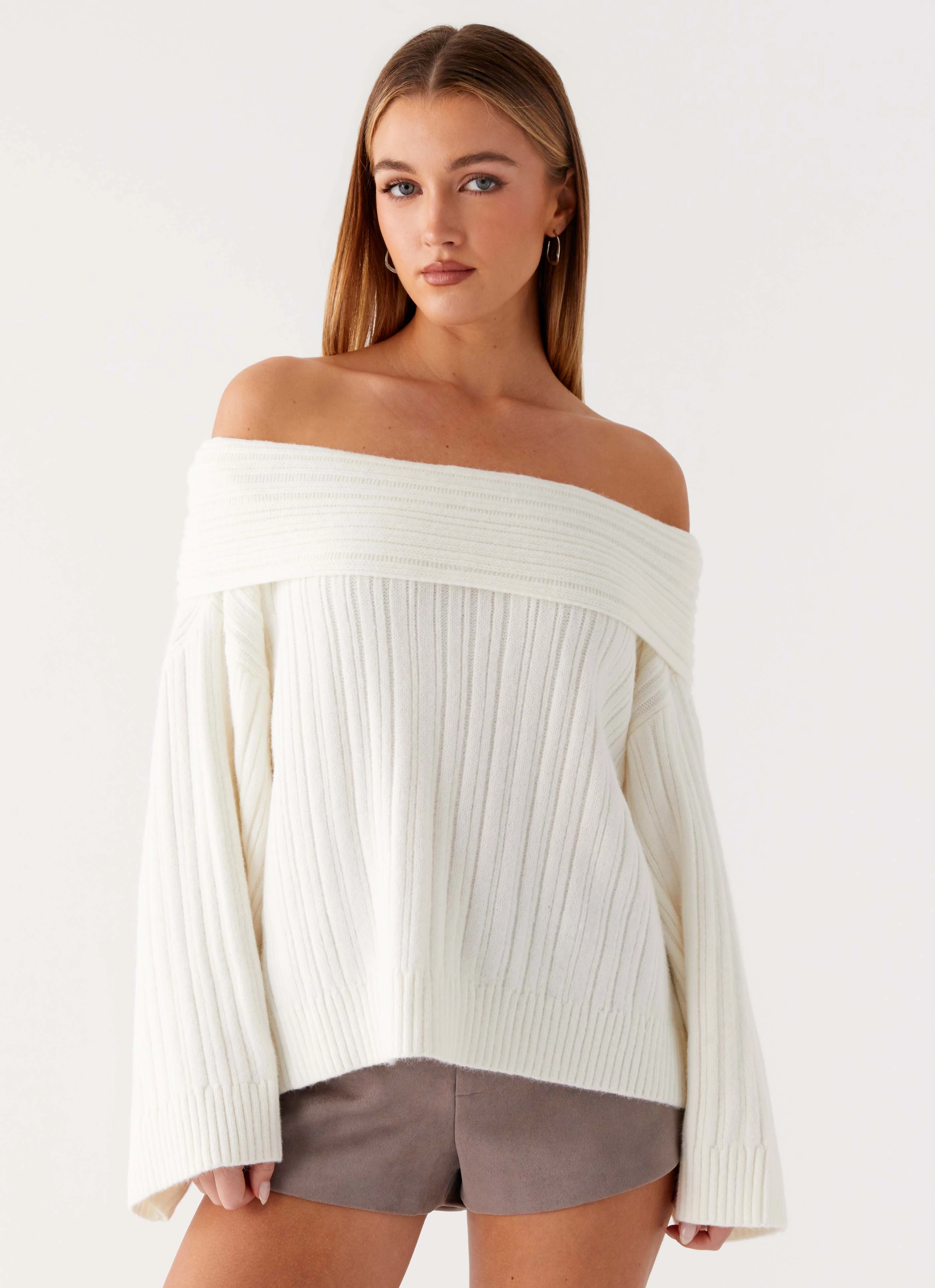 Yarn Dyed Pattern Cloth HighDensityFoam Federica Off Shoulder Knit - White
