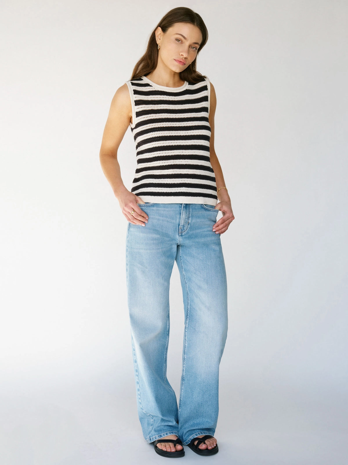 Crochet Shell Sweater Chalk Black Stripe TaglessComfort Casual Tank