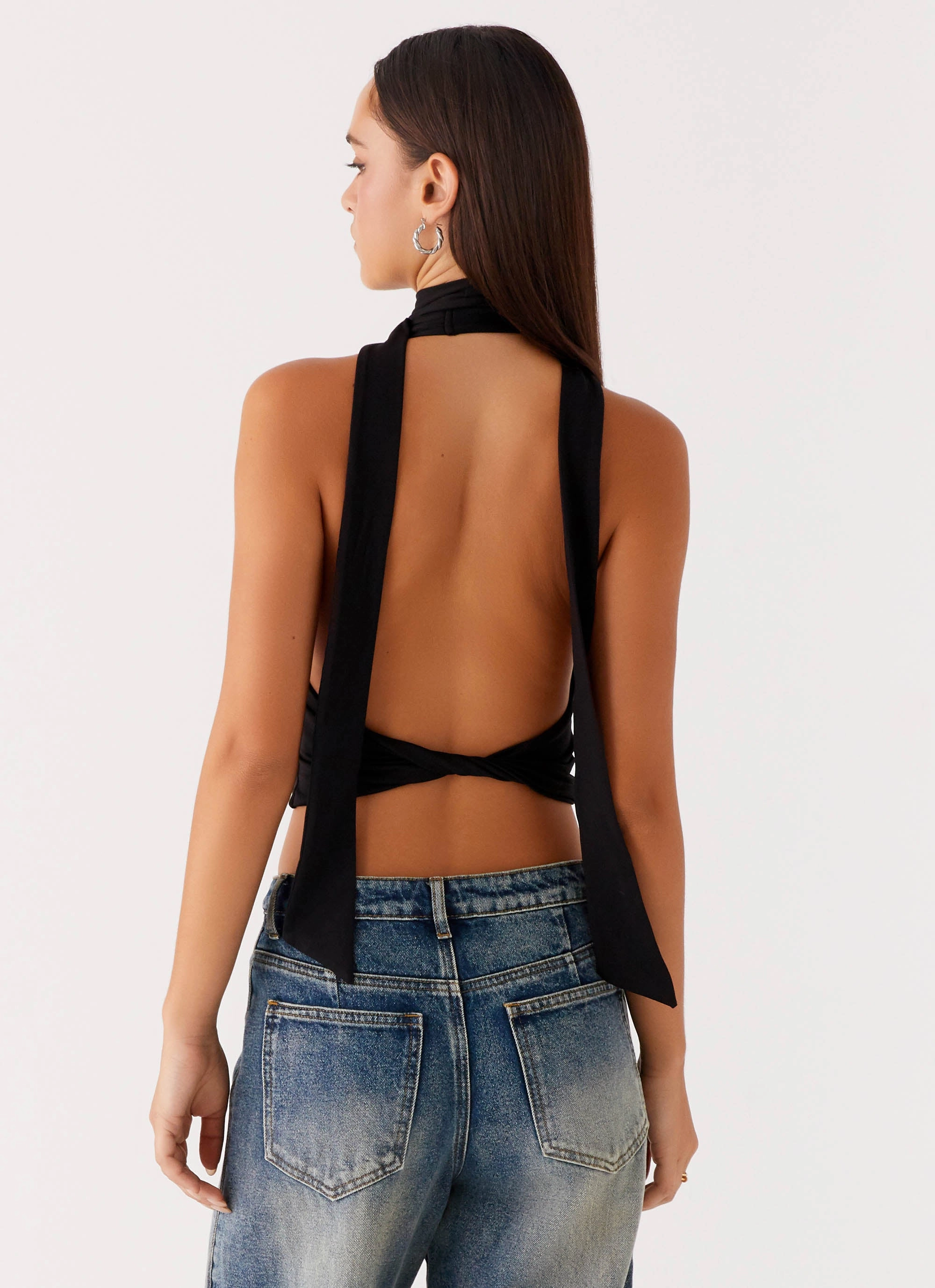 Contrast Stitching Sustainable Textile Chrysta Halterneck Top - Black