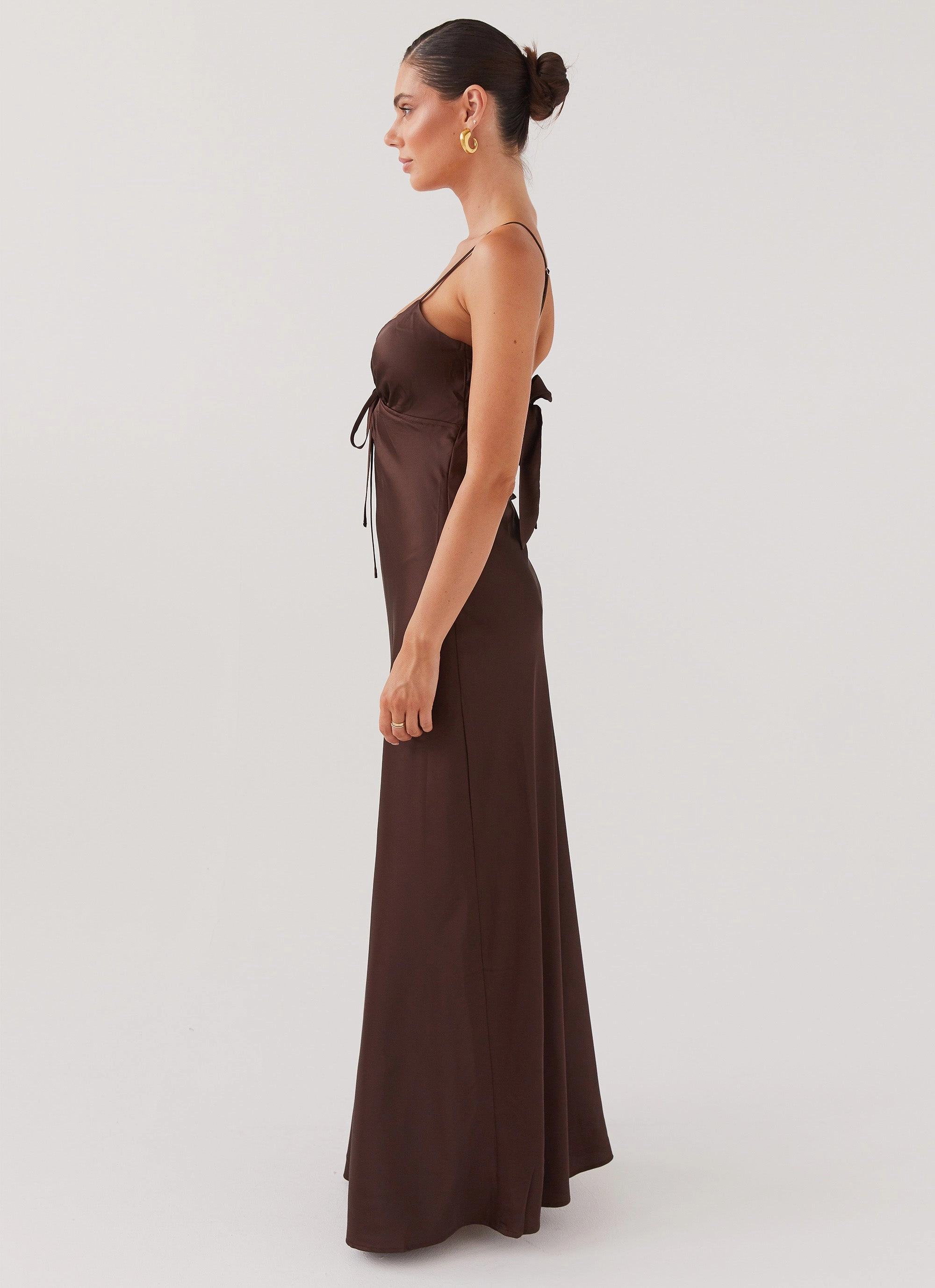 Flowing Design Fitted Base Flora Satin Maxi Dress - Chocolate