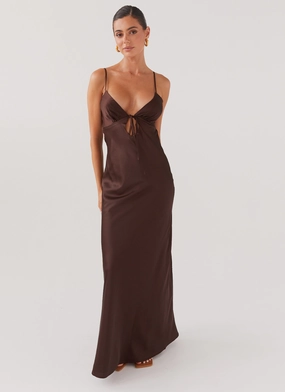 Peplum-Style Trendy Vibes Flora Satin Maxi Dress - Chocolate