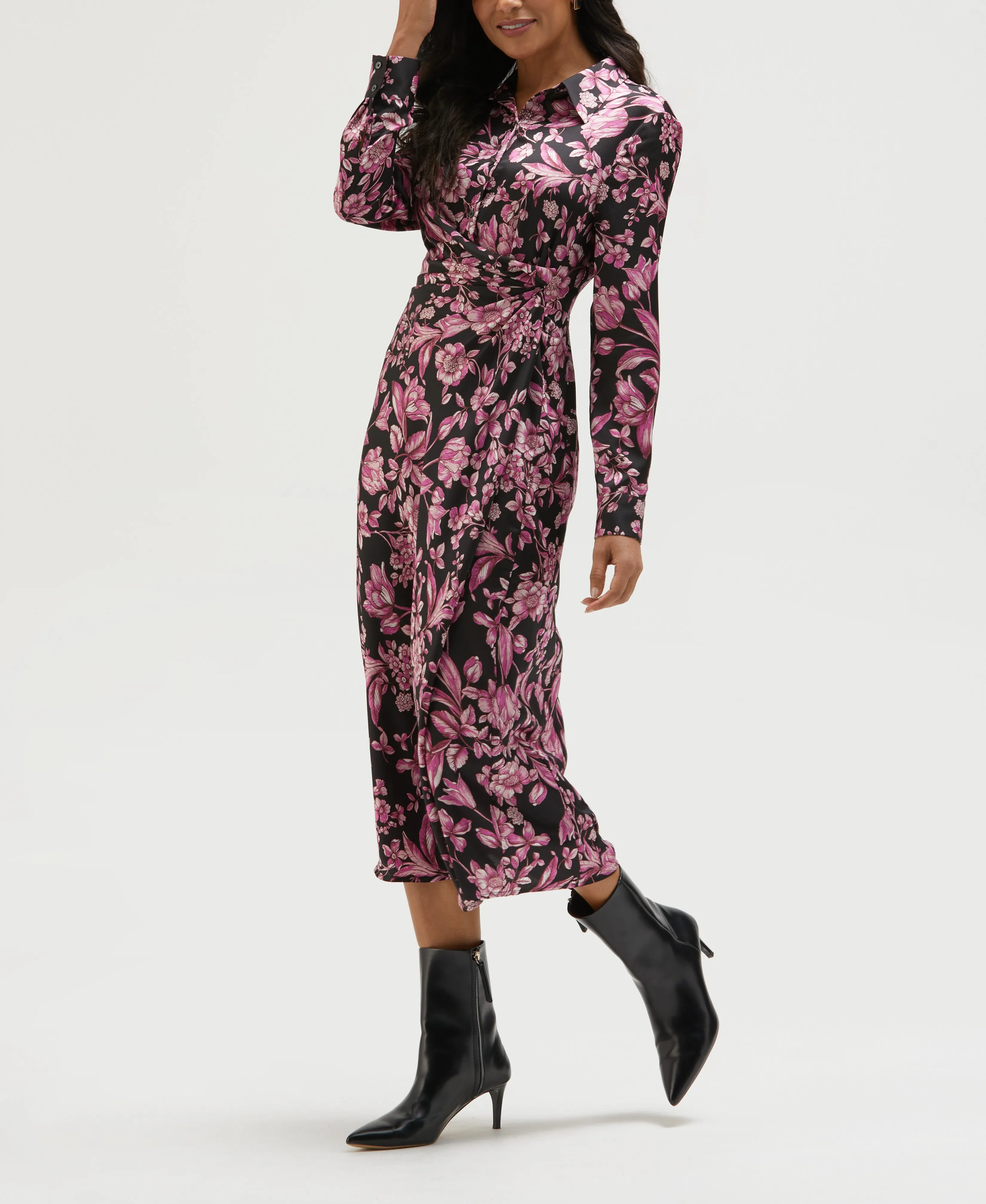 Floral Print Gathered Popover Midi Dress Easy Going Chill Lines
