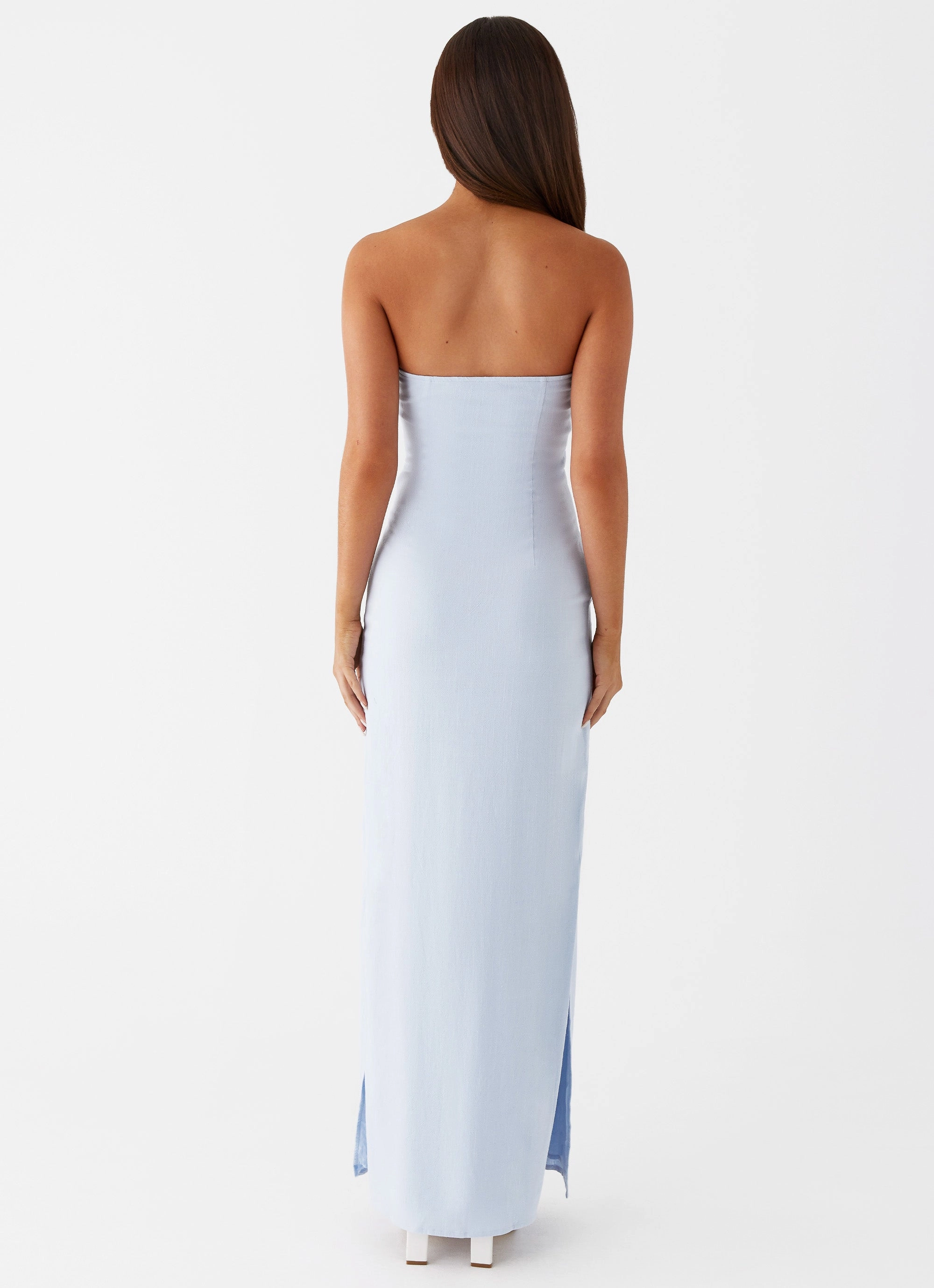 Esra Linen Strapless Maxi Dress - Blue Beaded-Sleeve