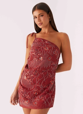 Temptational Beaded One Shoulder Mini Dress - Rust Cozy Feel