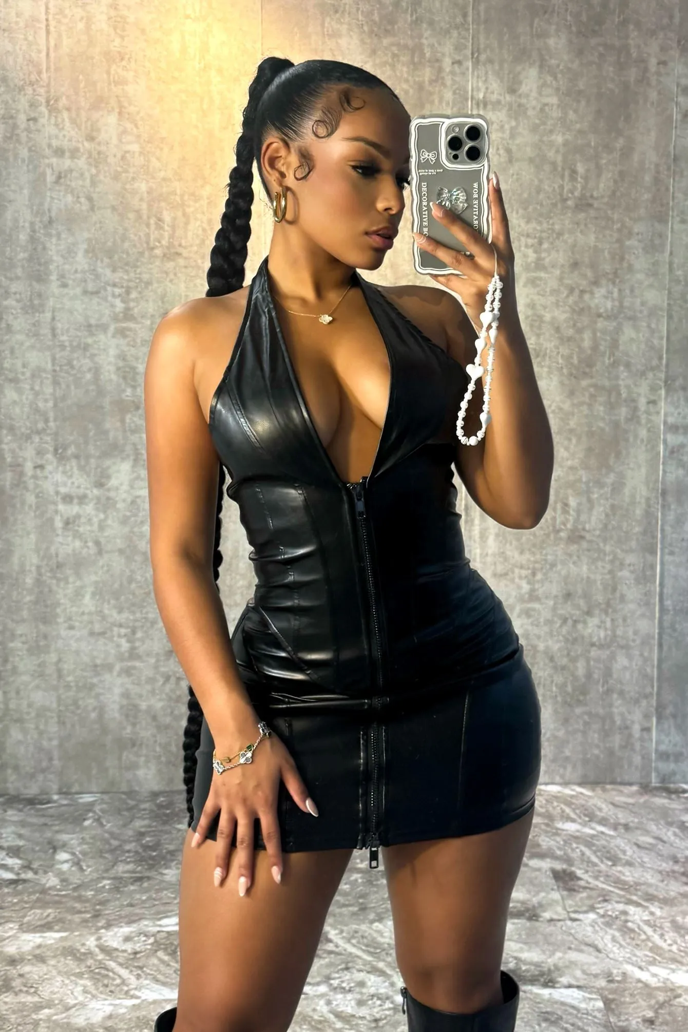 To Be Mine Faux Leather Halter Dress Layered Style Sleeveless