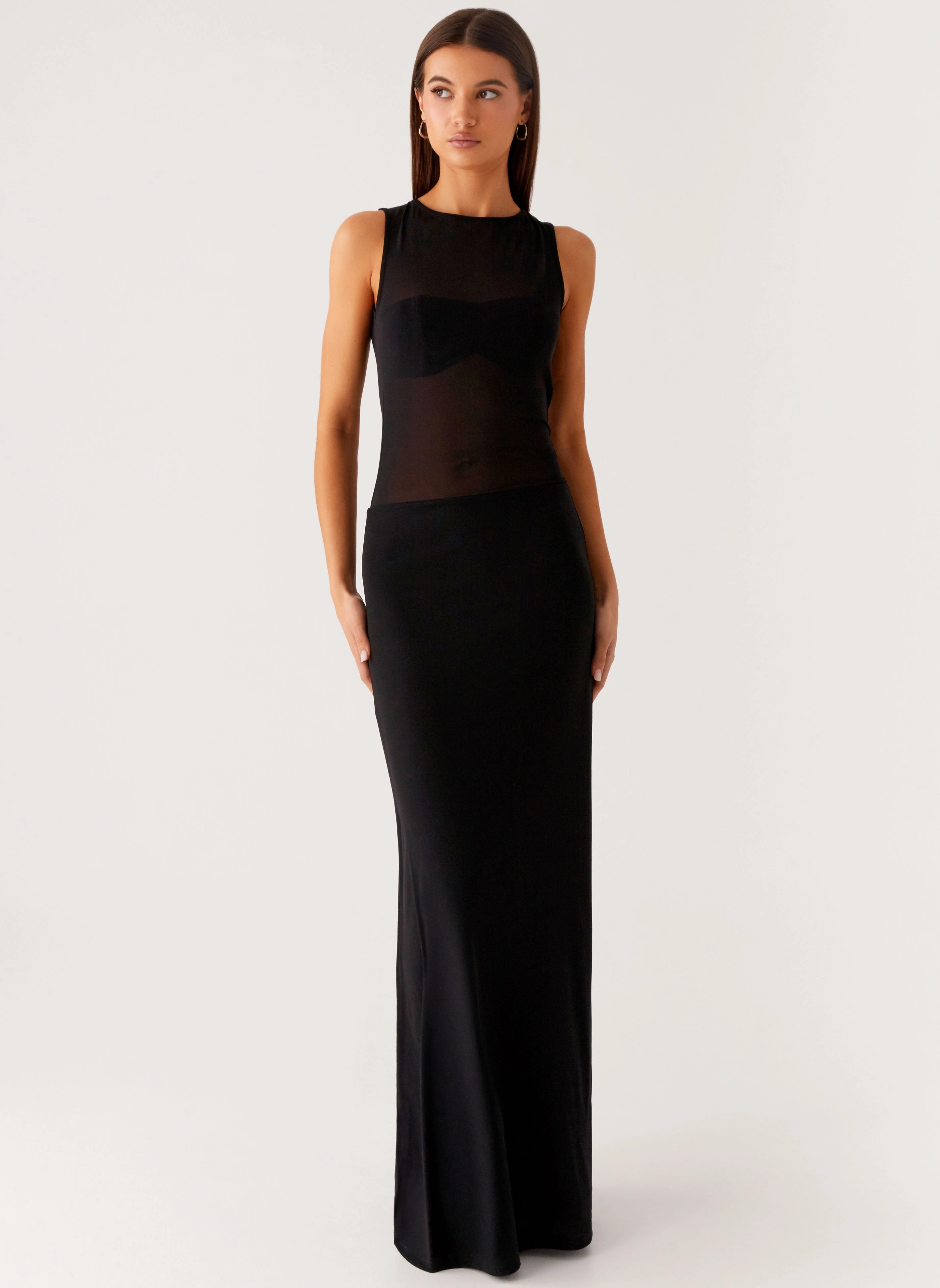 Asymmetrical hem lyria Mesh Maxi Dress - Black