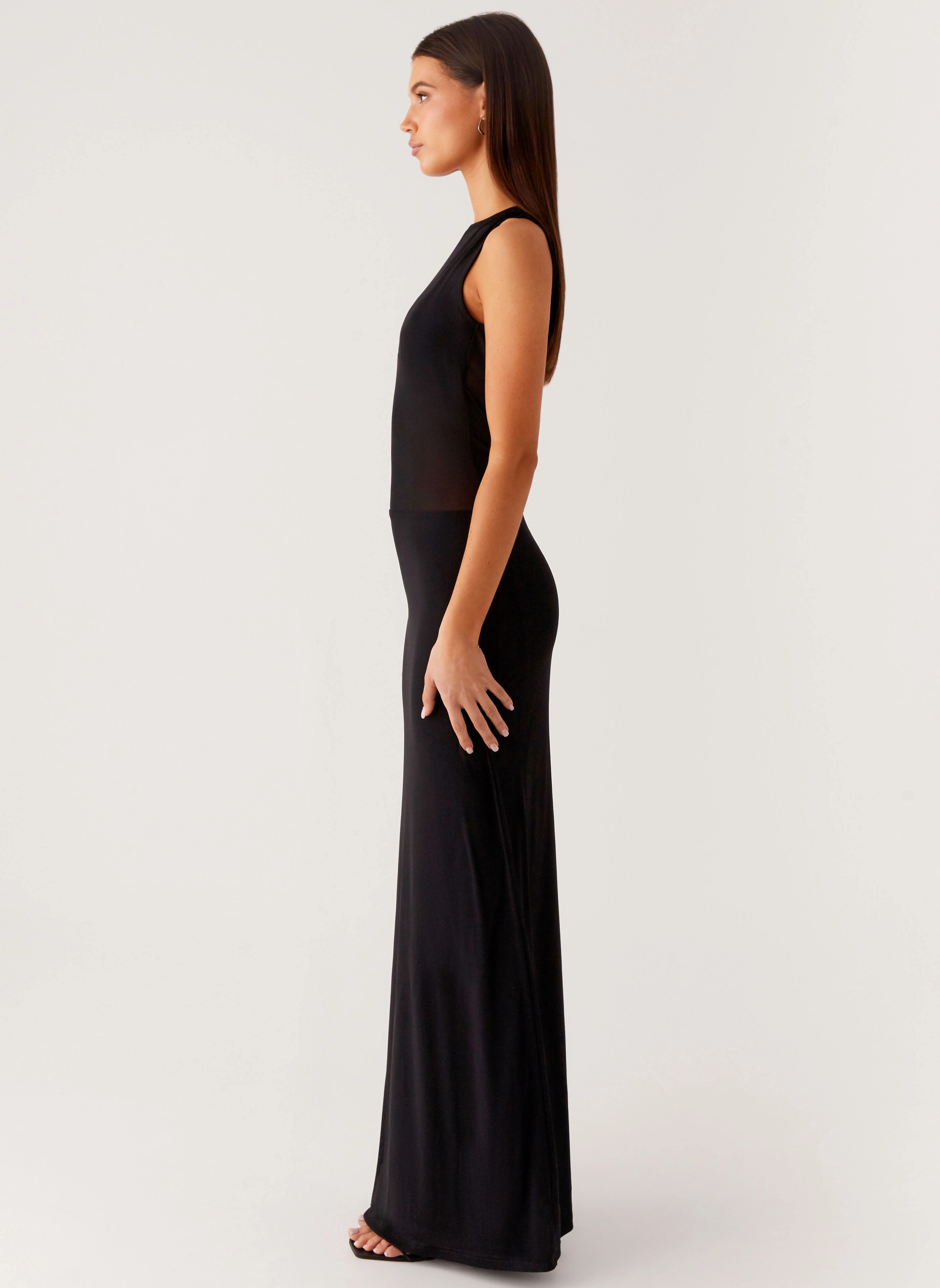 Earthy Hue Coastal Chic lyria Mesh Maxi Dress - Black