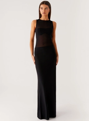 Asymmetrical hem lyria Mesh Maxi Dress - Black