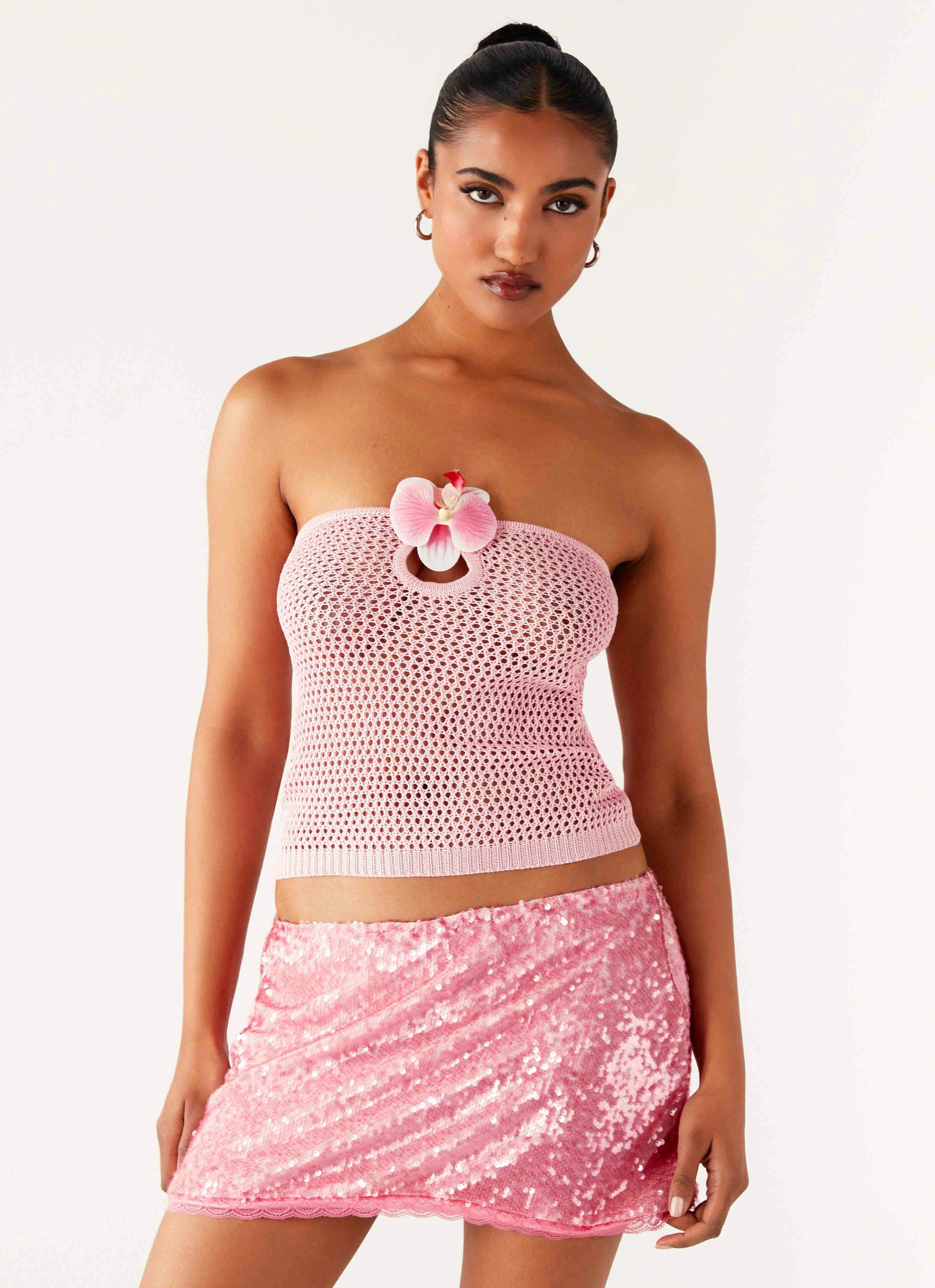Anti Static Cloth Blend Convertible Style Galia Crochet Top - Pink