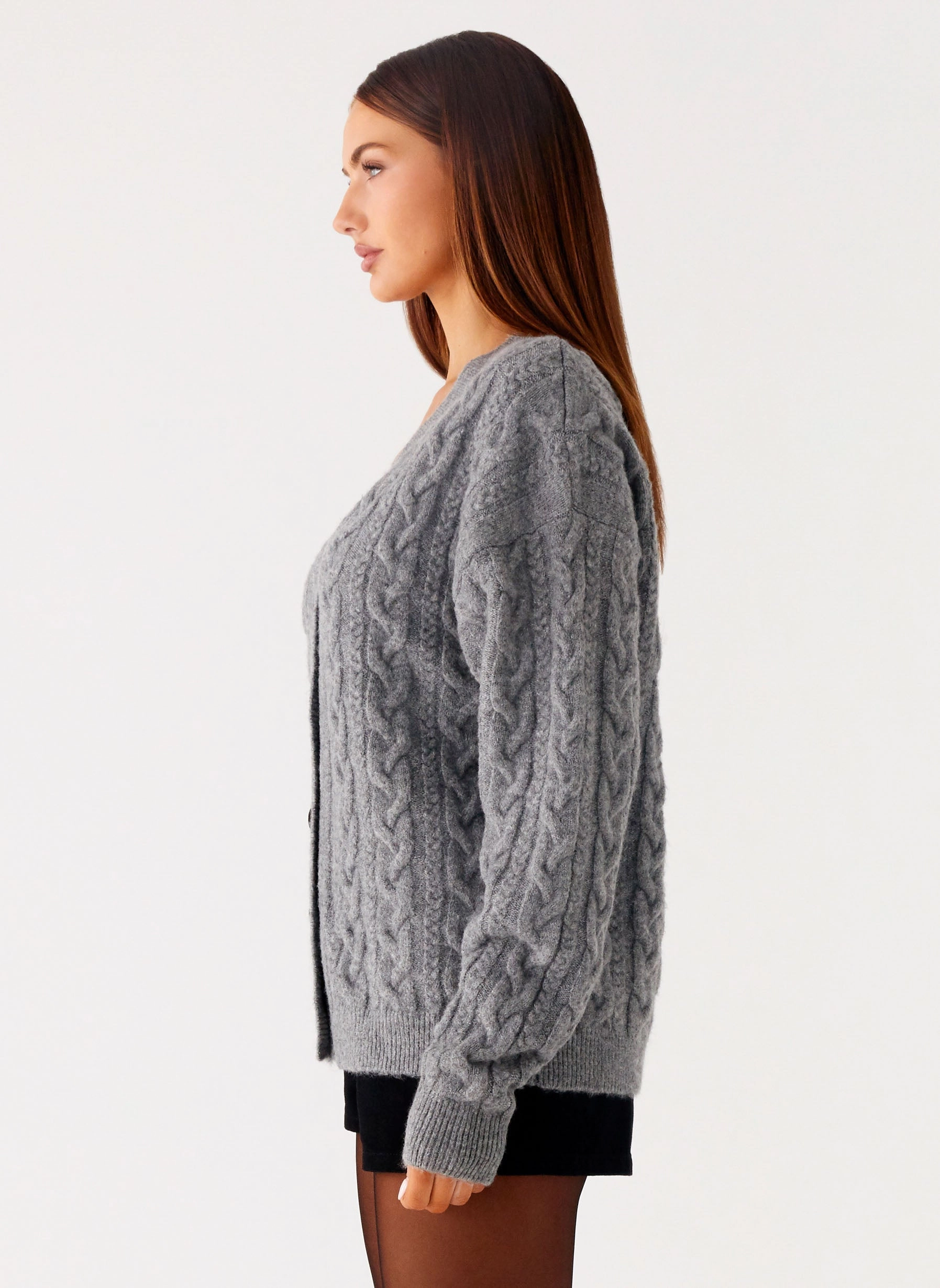 Frawley Cable Knit Cardigan - Grey Compression Fit