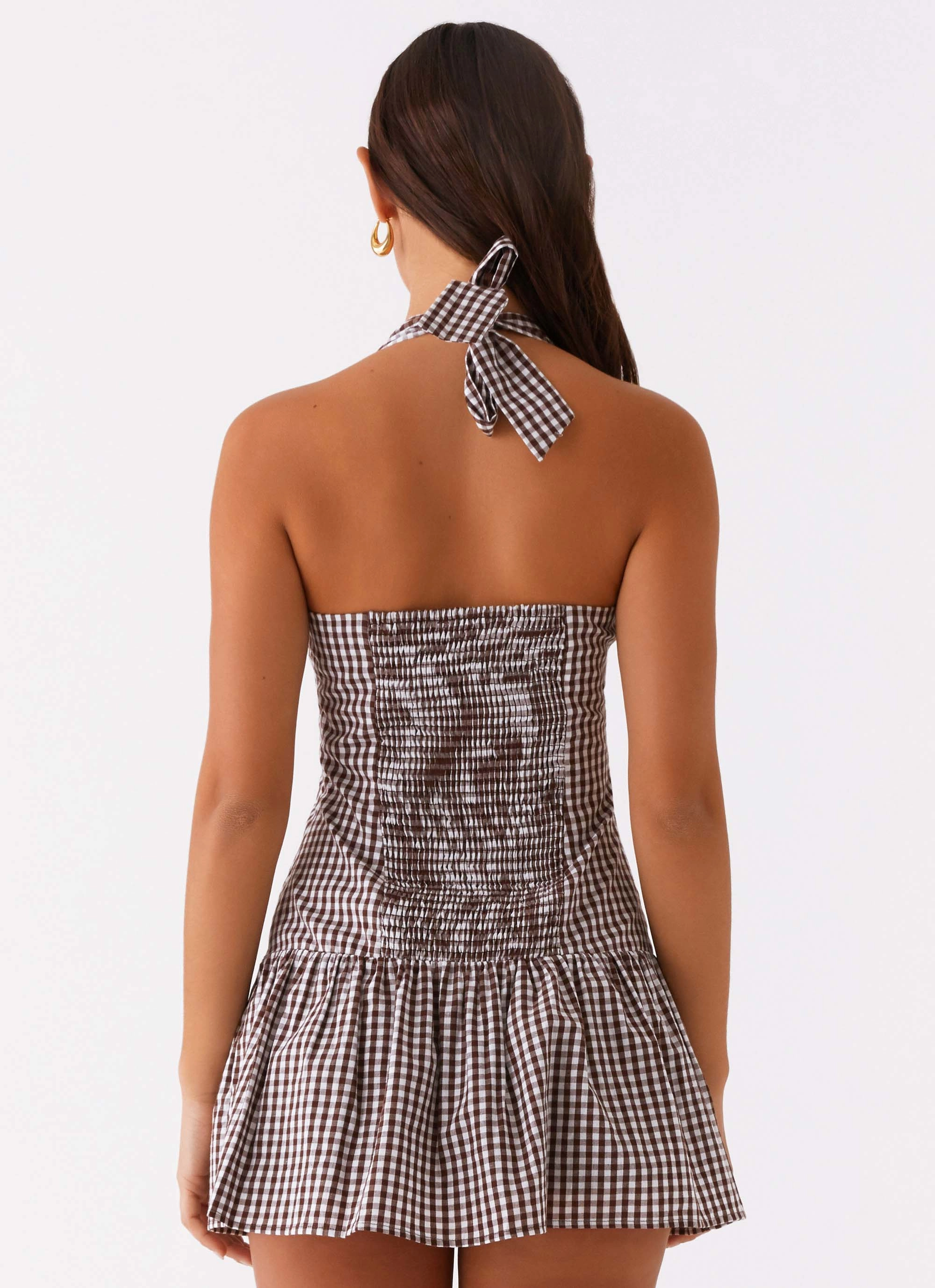 New Look Shirred Halter Mini Dress - Chocolate Gingham Texture Play Relax Outfit