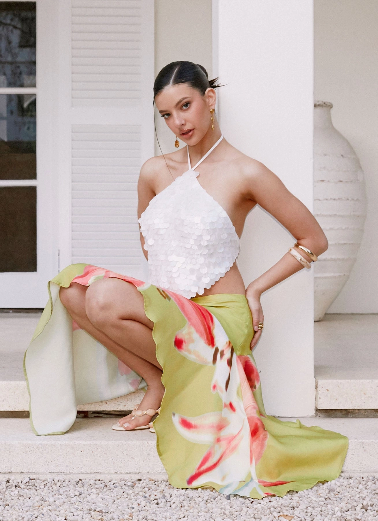 AntiStatic Weave Elegant Cut Tijana Beaded Halter Top - Ivory