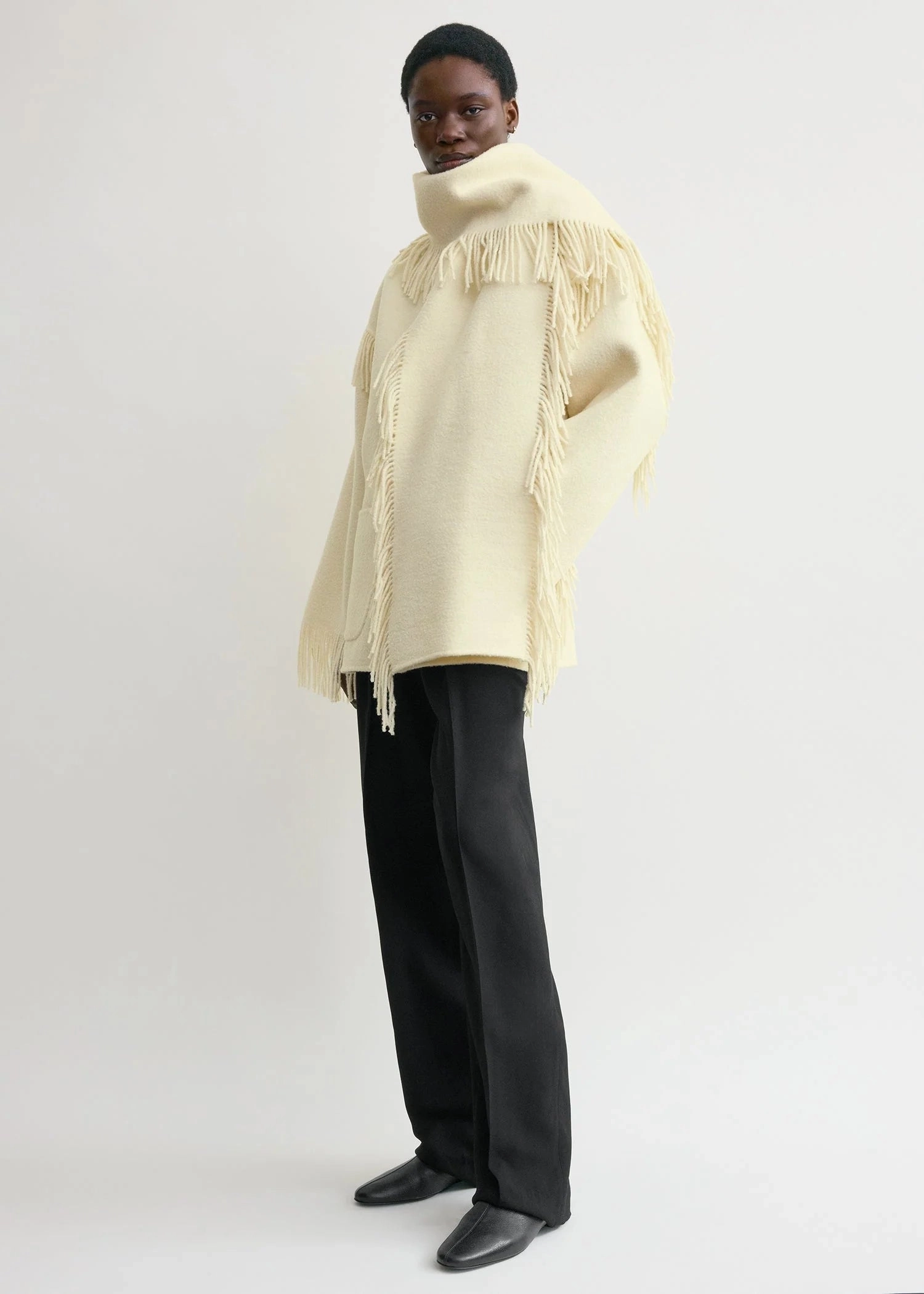 Double Layered Cuffs Airflow channels Fringed Scarf Jacket in Winter White