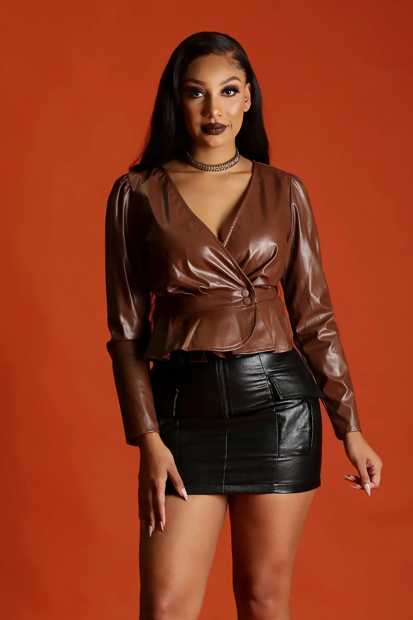 suitable for outdoor adventures Light Padding From Paris With Love Faux Leather Ruffle Bottom Jacket