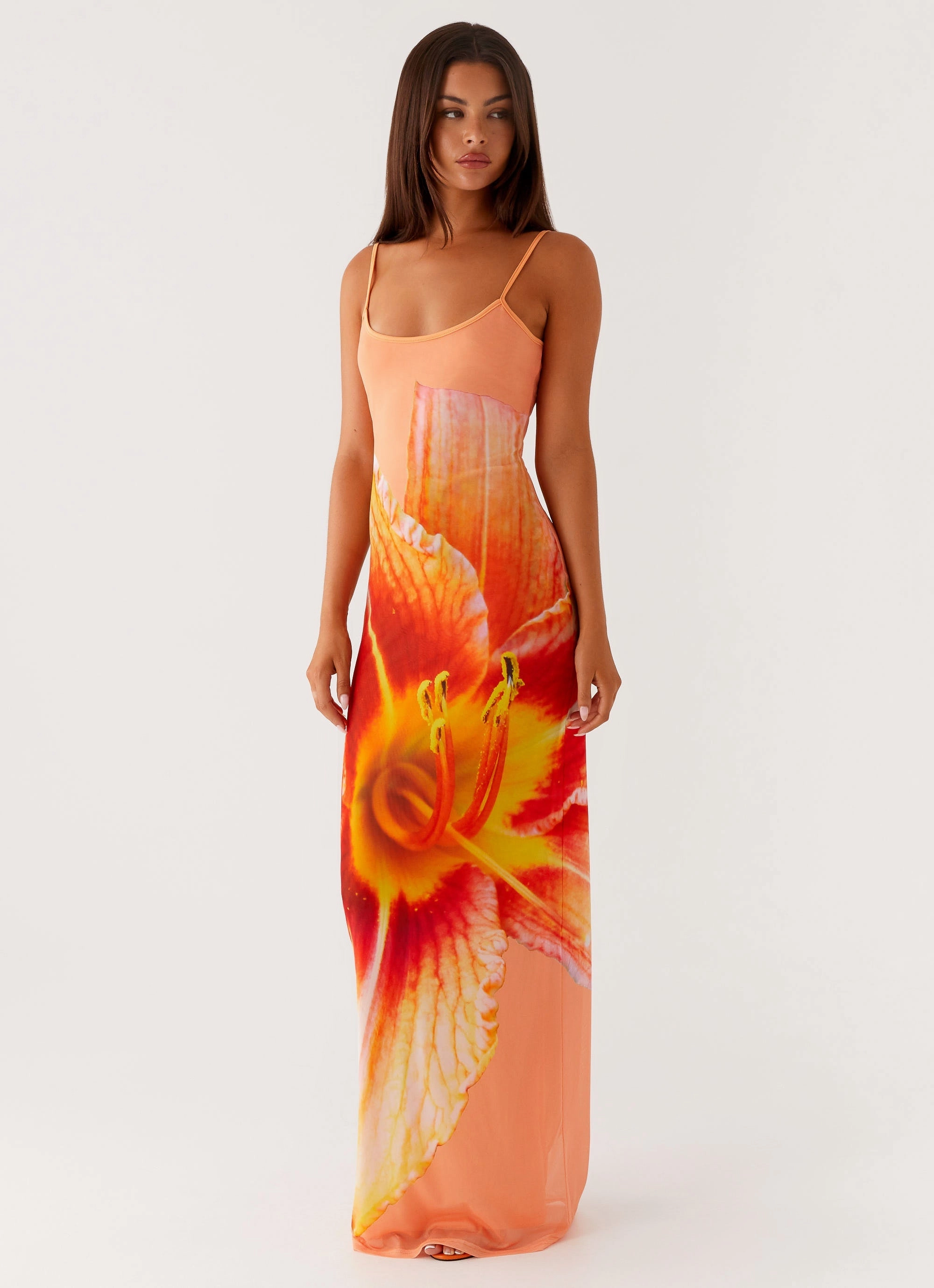 Mood Layer Bad News Mesh Maxi Dress - Orange Floral