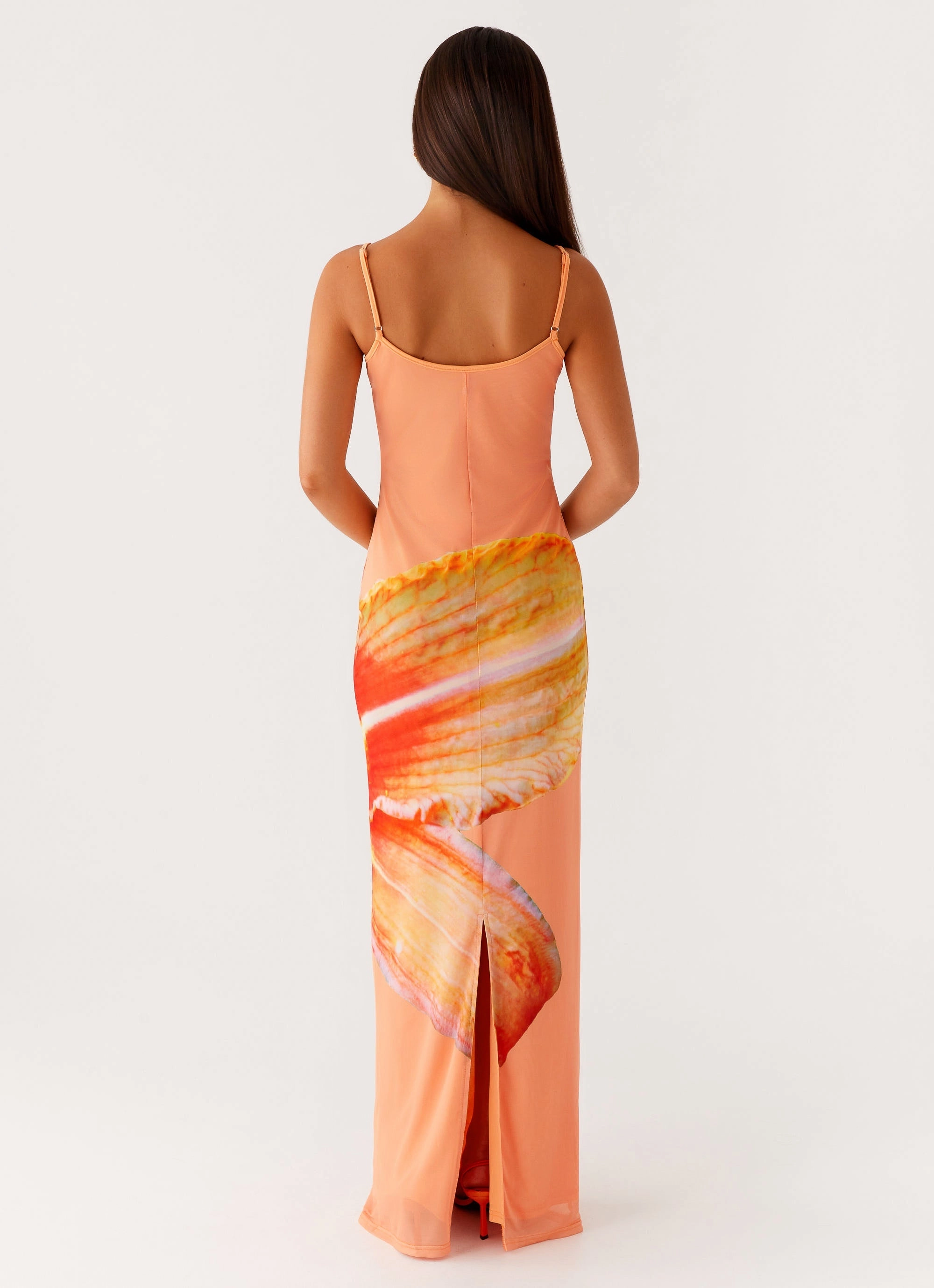Bad News Mesh Maxi Dress - Orange Floral Balanced Tones Charming Comfort