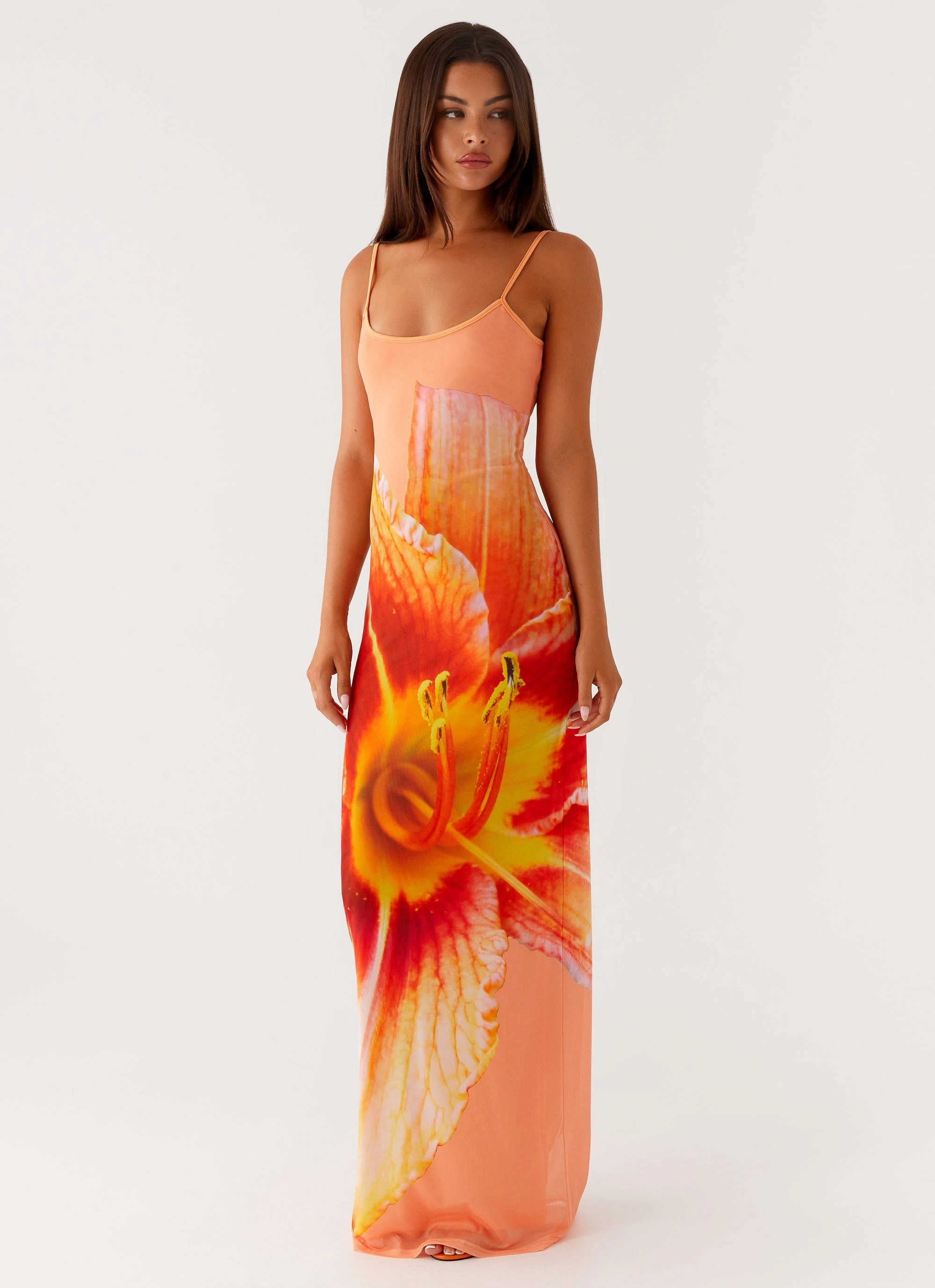 Smooth Finish Cozy Wear Bad News Mesh Maxi Dress - Orange Floral