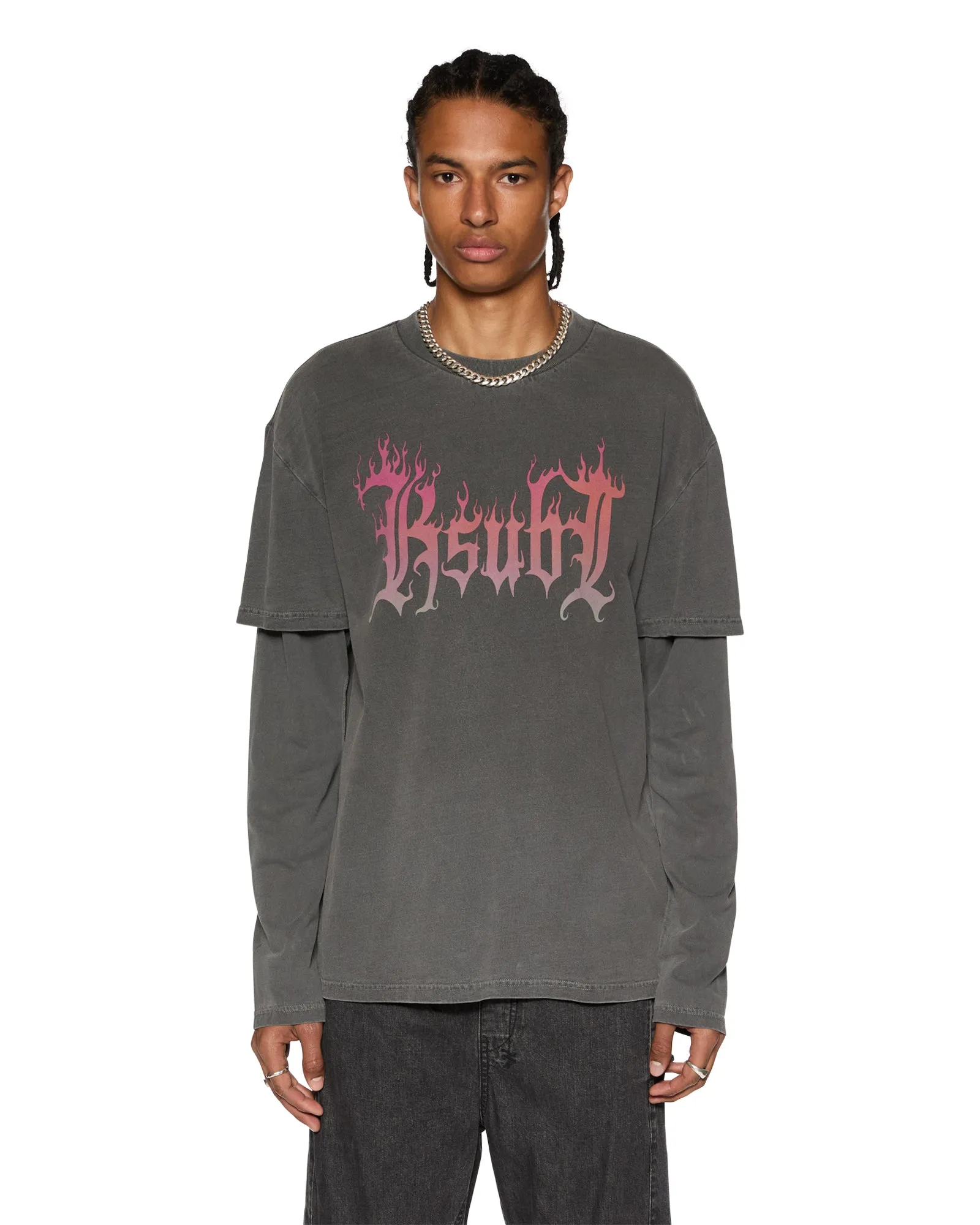 FUEGO LAYERED LS TEE CHARCOAL NoiseFree Closure NonIrritatingTags FrenchTerry
