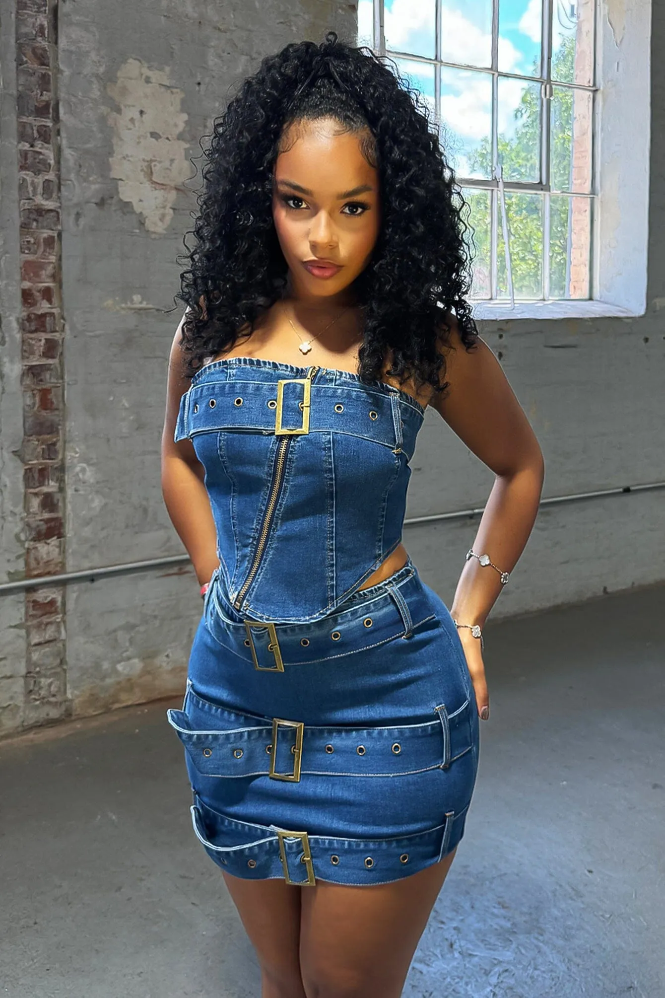 ElasticCuffs Essential Comfort Wear Jade Denim Belted Tube Top & Skirt SET