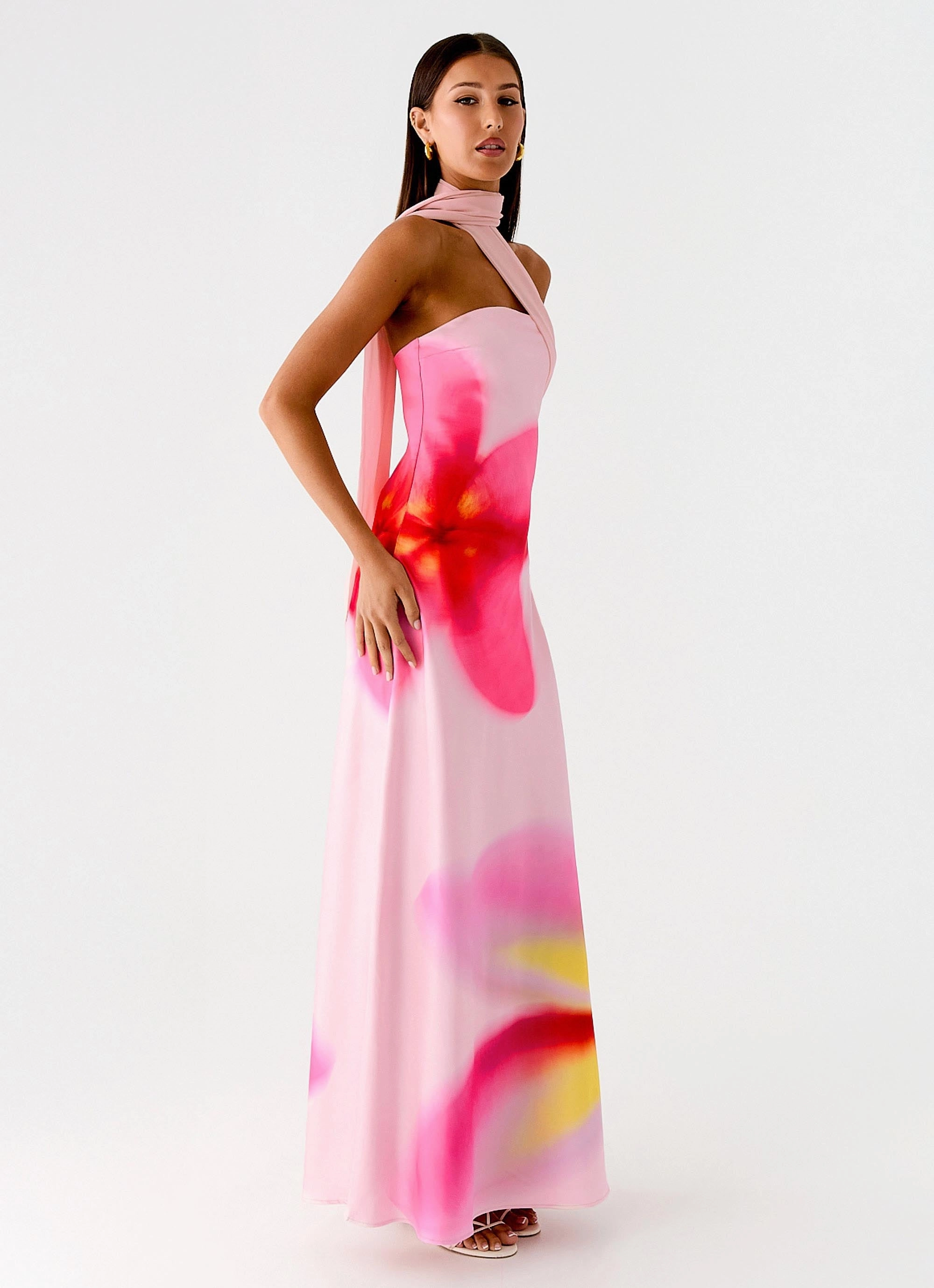 Office Classic Collar Accent Isa Scarf Satin Maxi Dress - Frangipani Pink