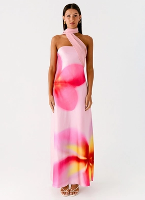 Isa Scarf Satin Maxi Dress - Frangipani Pink Sleek Appearance Aura Glow