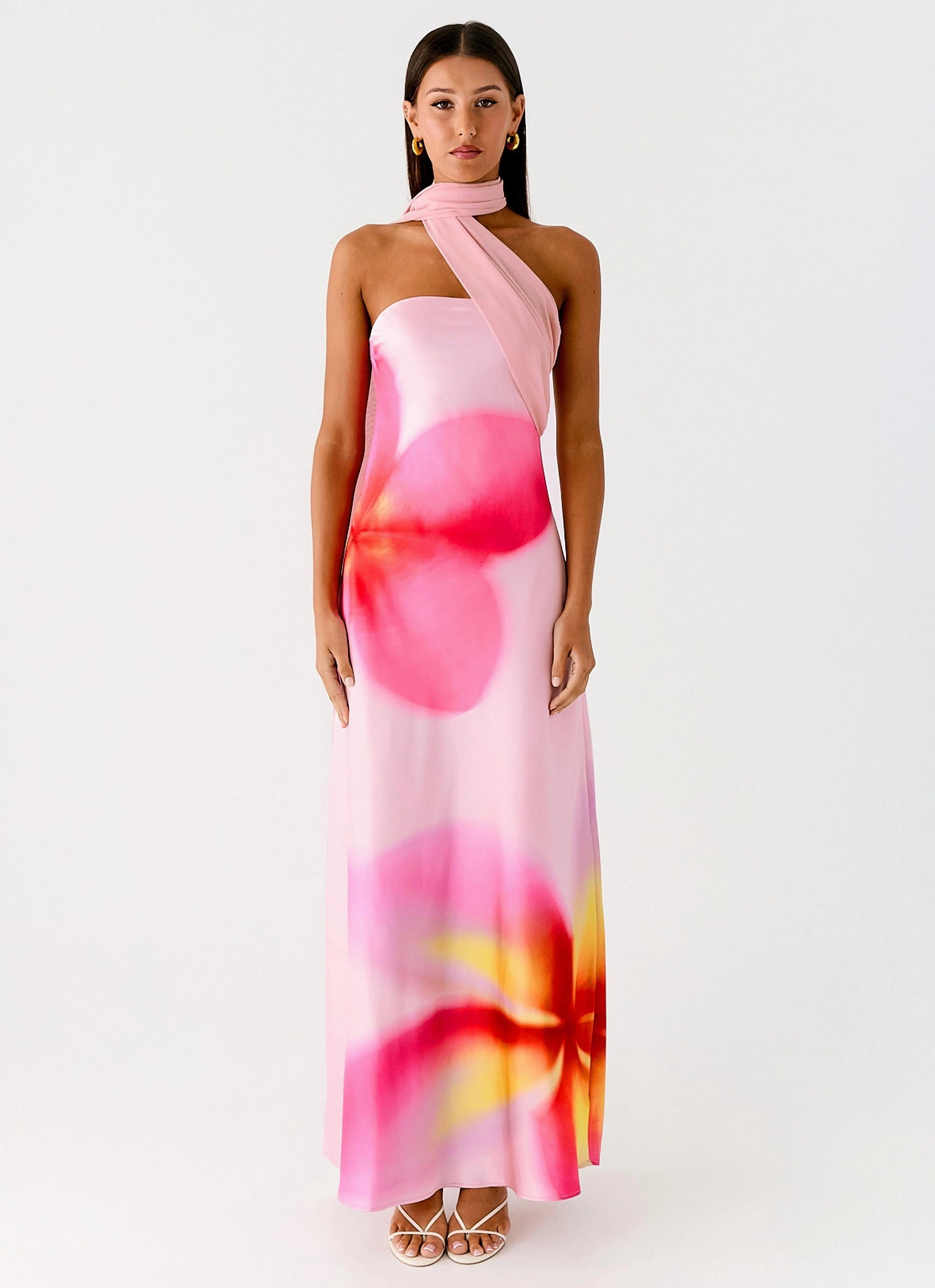 Isa Scarf Satin Maxi Dress - Frangipani Pink Flower Grace