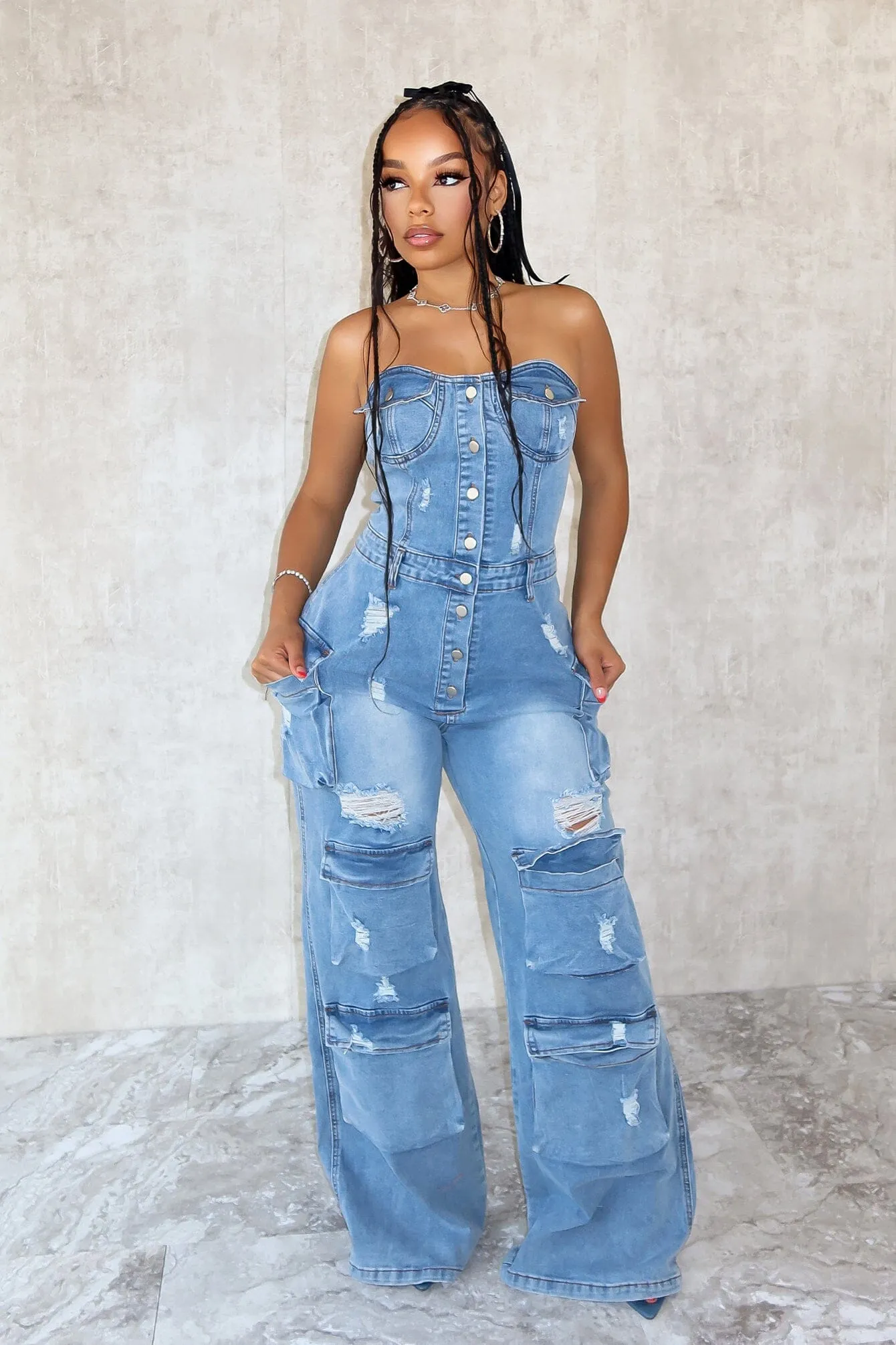 Gabri Cargo Washed Denim Jumpsuit Everyday Comfort Fit