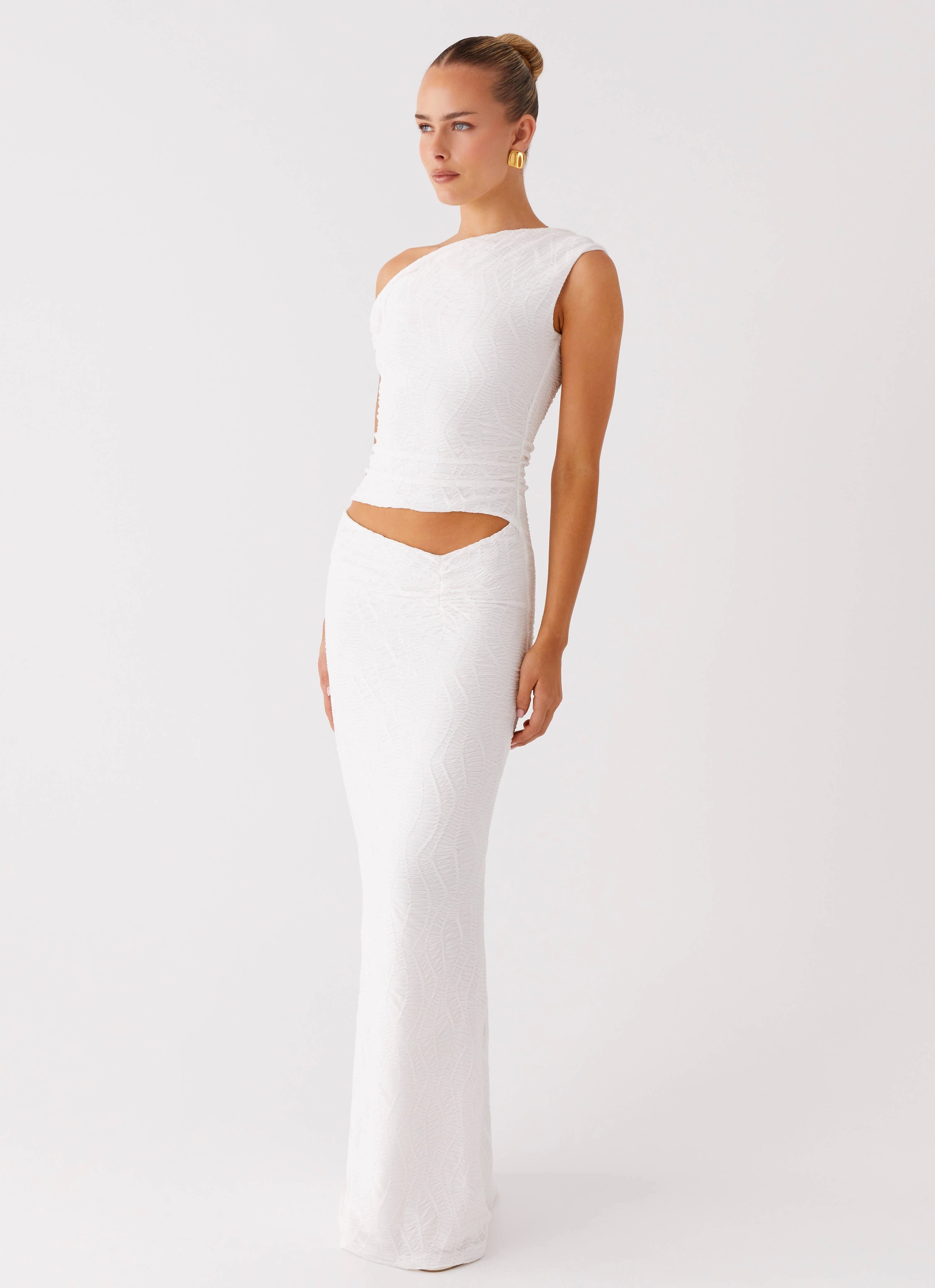 Soft Touch Statement-Buttons Galantis One Shoulder Maxi Dress - White