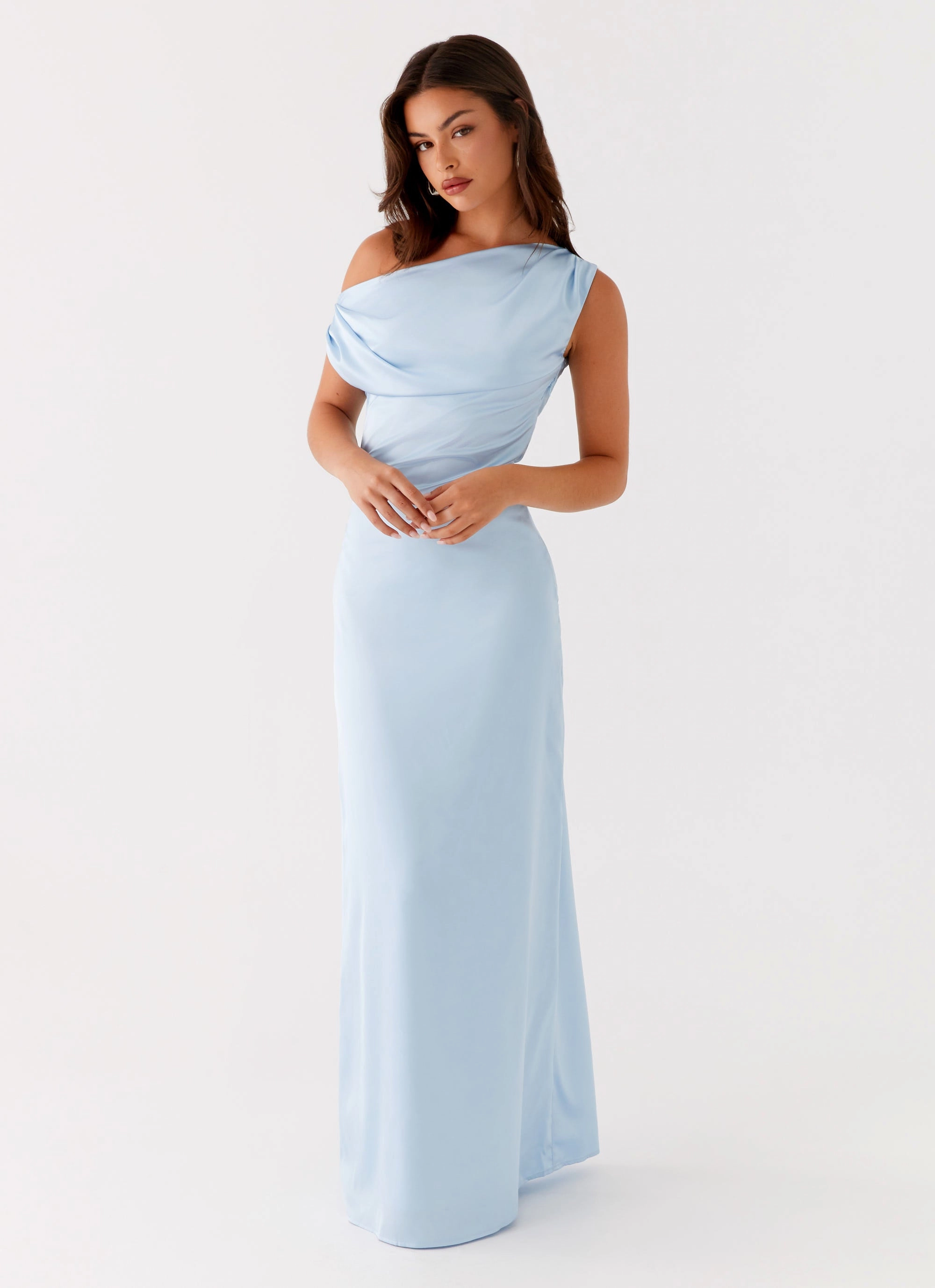 Heart Of Glass Satin Maxi Dress - Blue Flattering Silhouette Neutral Look