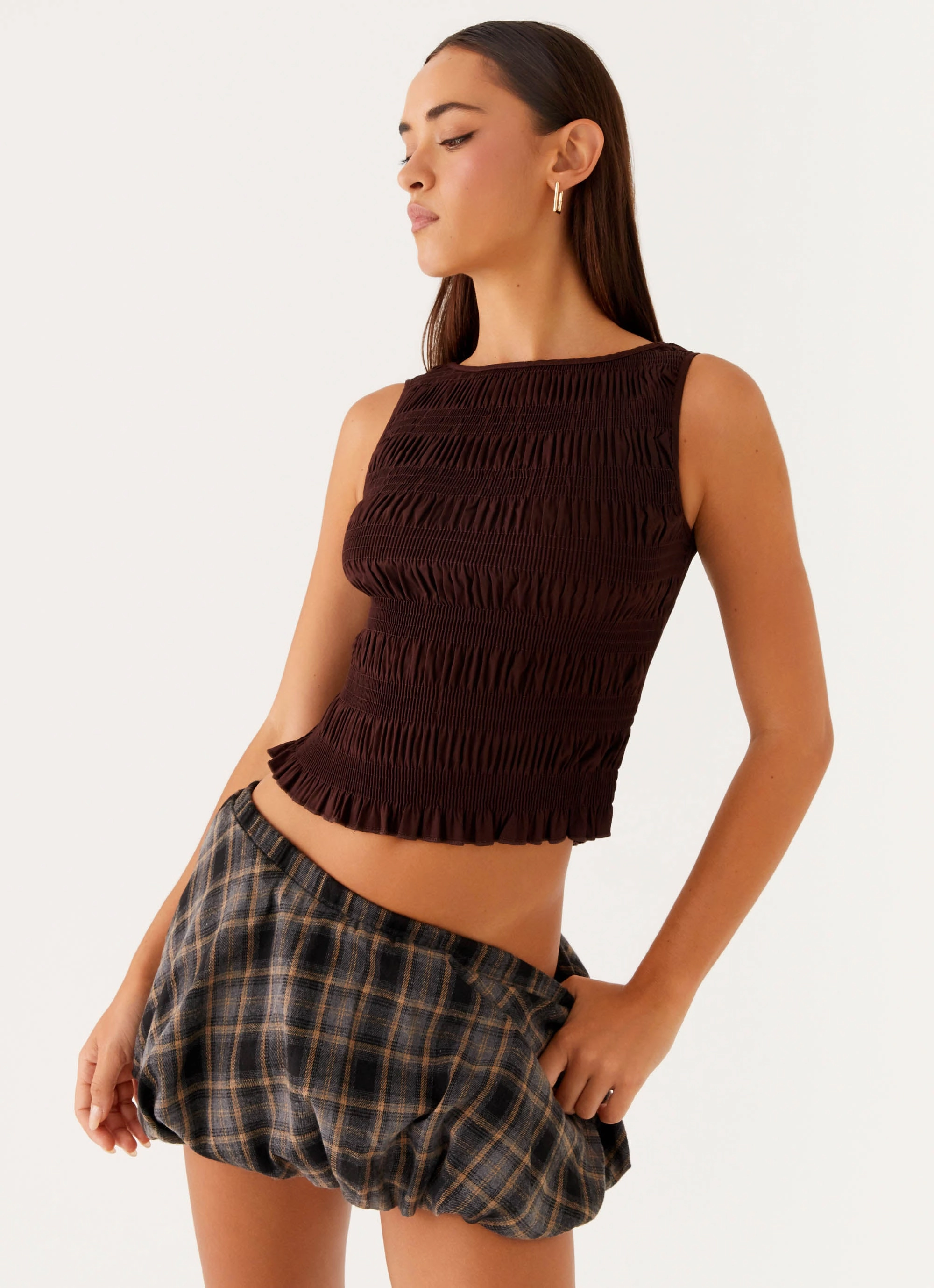Garden Kisses Shirred Top - Brown YarnDyed Stripes