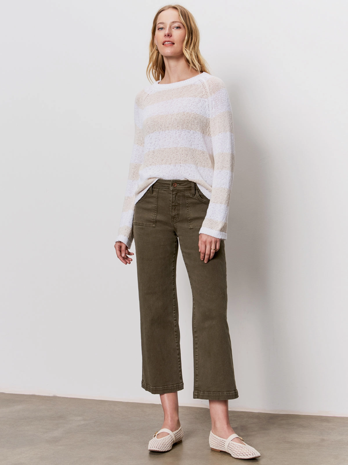 Pocket Reinforcement Textured Raglan Crew Sweater White/ Light Oat Stripe