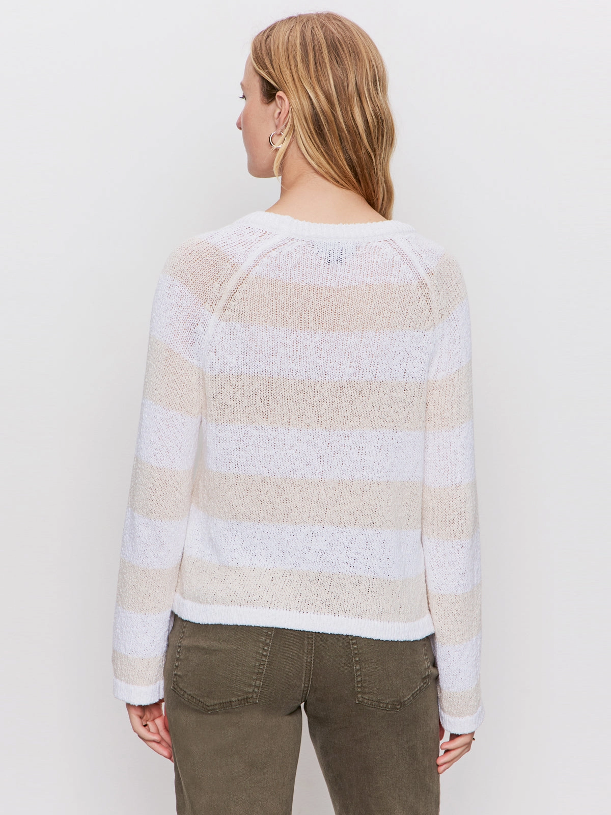 Textured Raglan Crew Sweater White/ Light Oat Stripe Biodegradable Fiber Composition