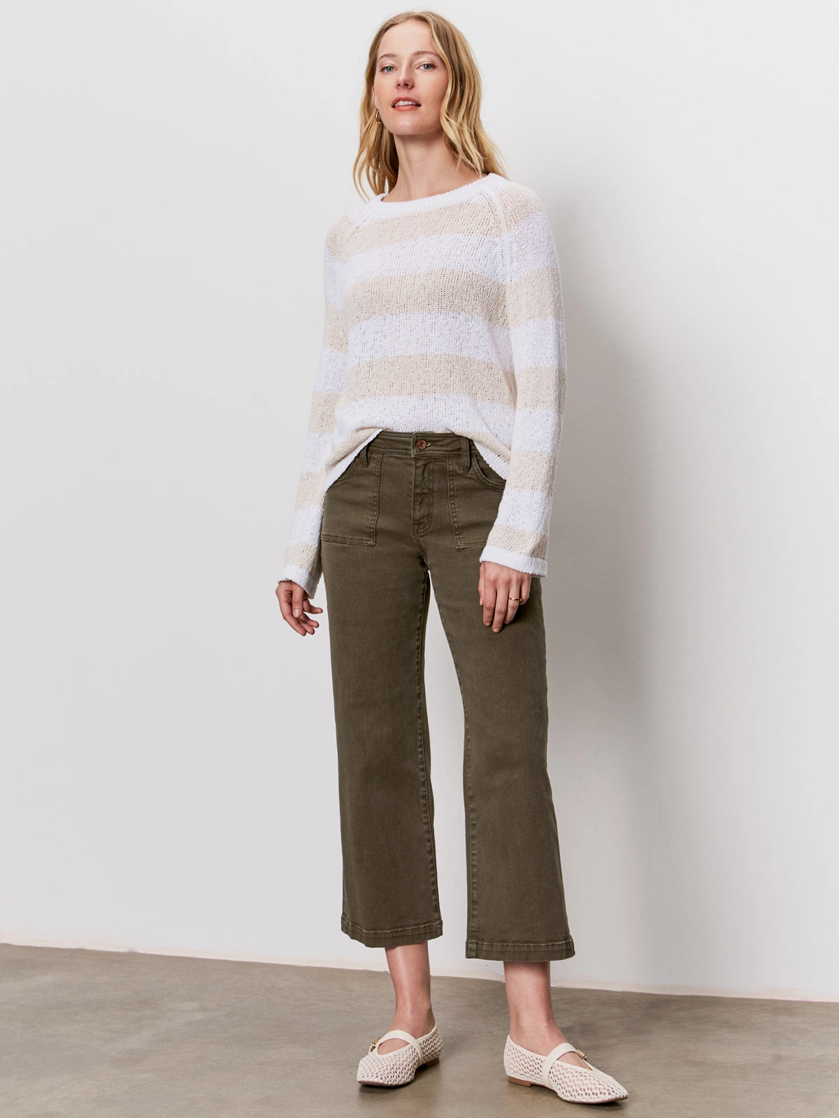 Textured Raglan Crew Sweater White/ Light Oat Stripe Formal Shirt