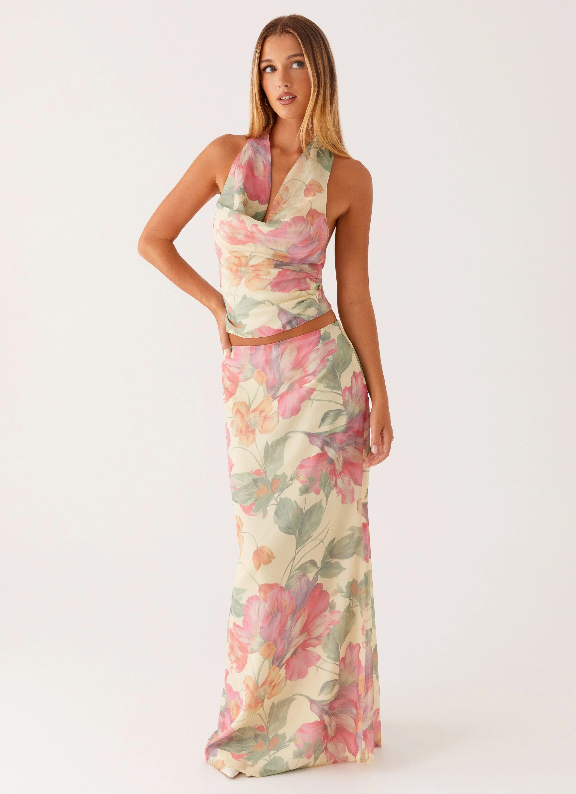 Soulful Low Rise Maxi Skirt - Yellow Peony Fold Over Design