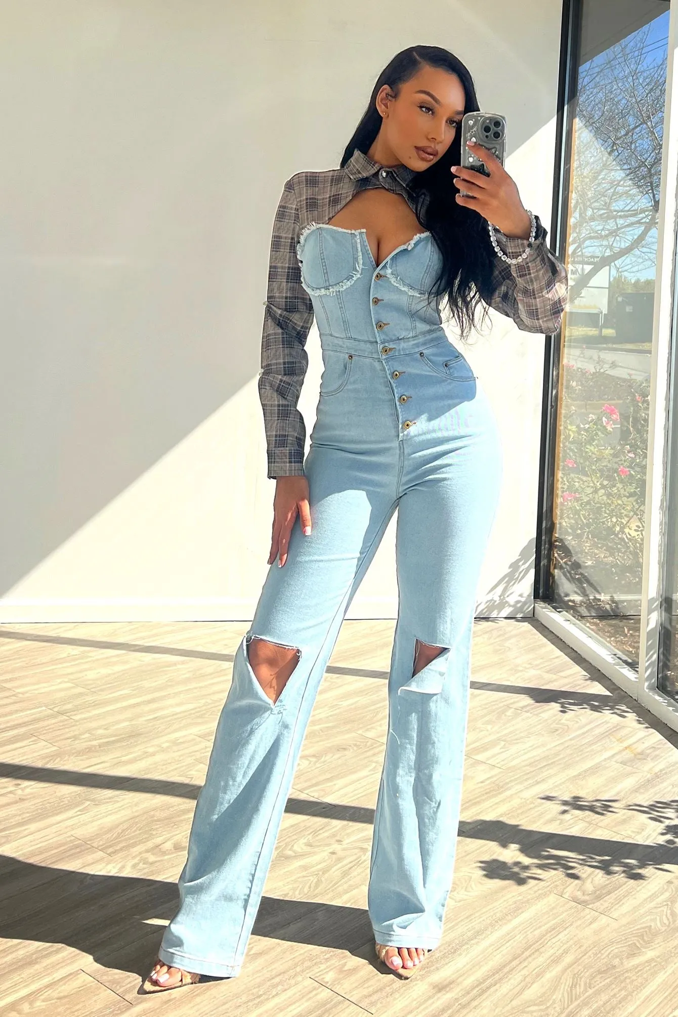 Practical Wear Giddy Up Plaid Shirt Denim Jumpsuit