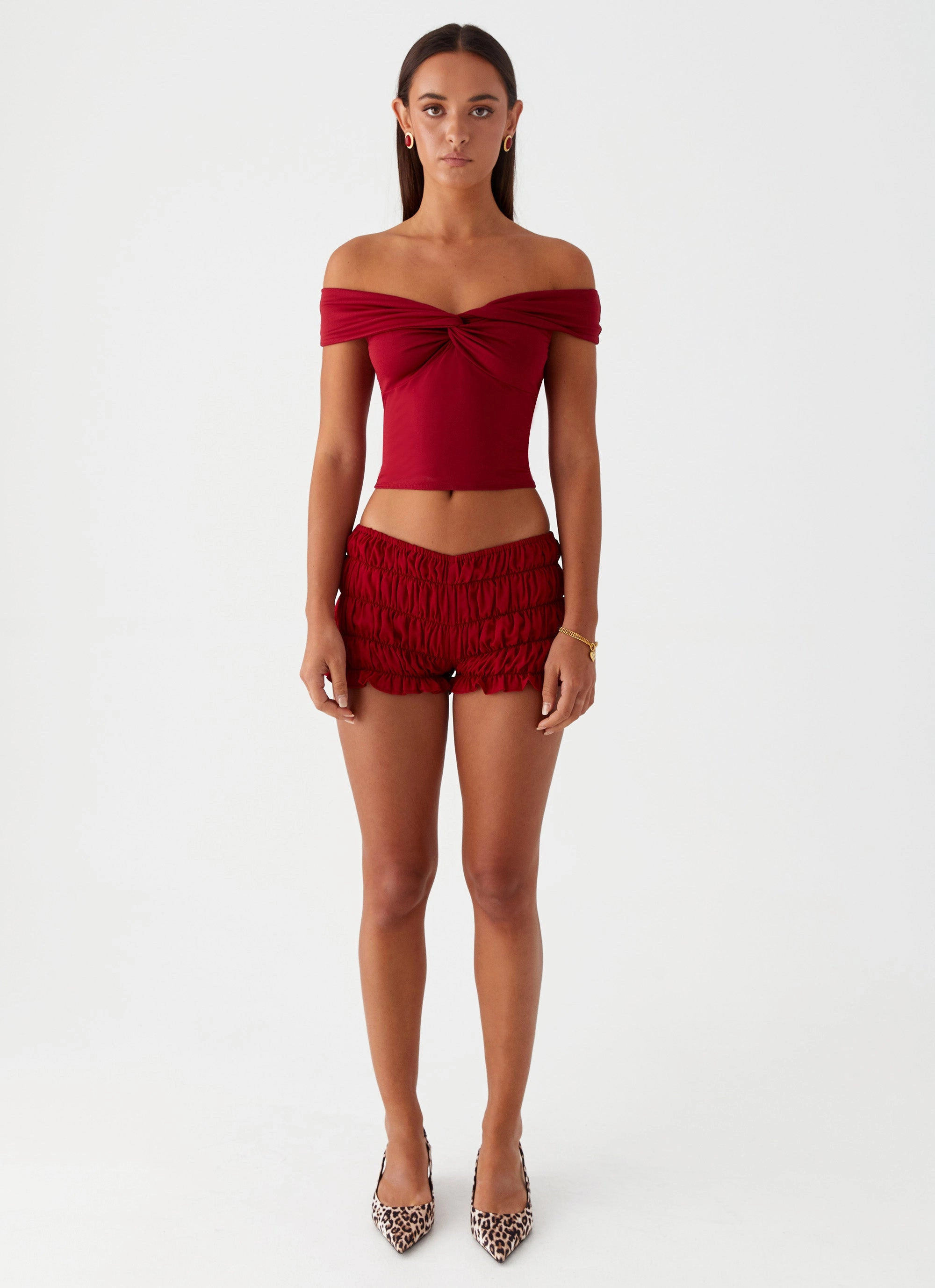 Girls Like Us Ruched Mini Shorts - Maroon Contrast Topstitching Detail