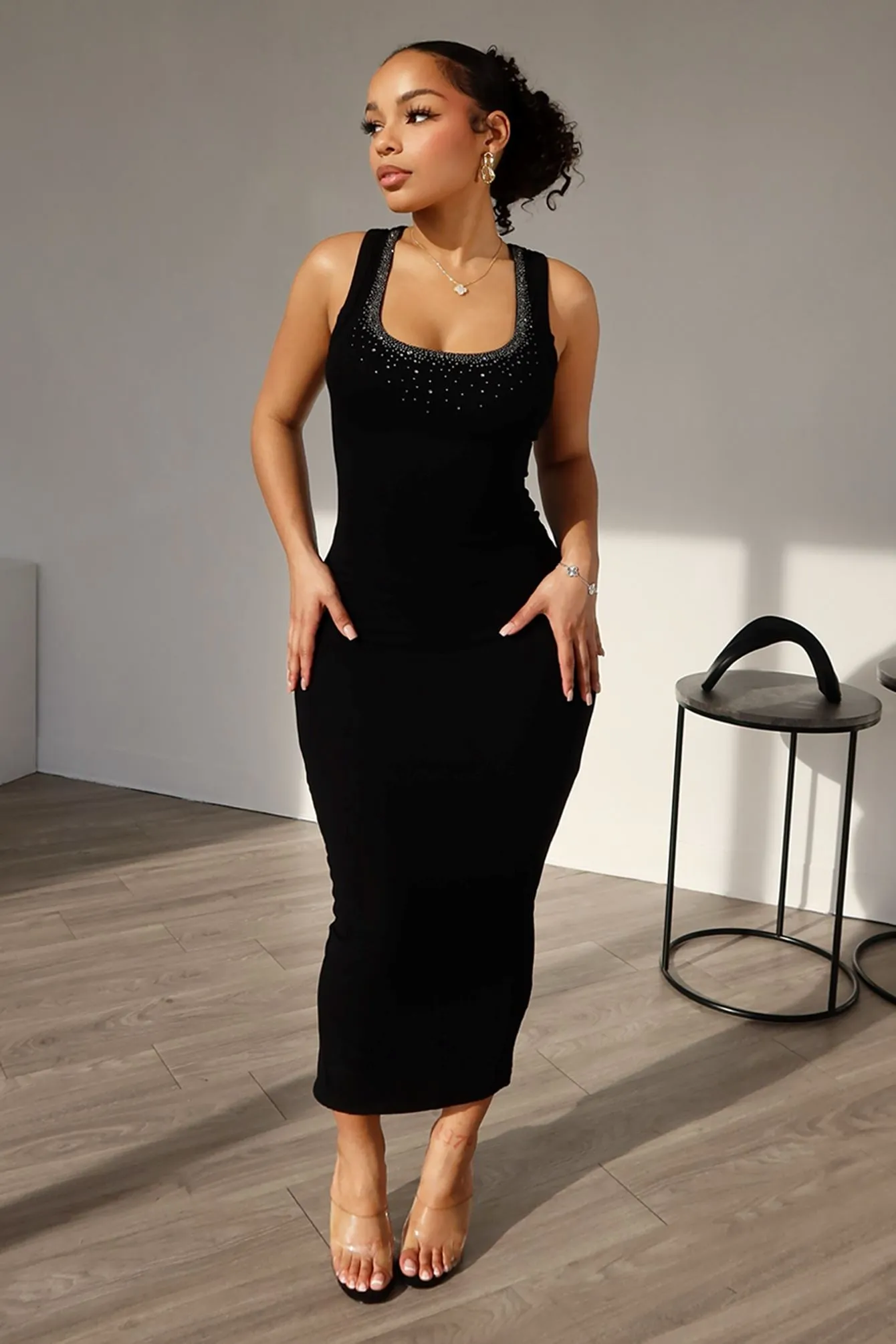 Trendy Wearable Modern Flow Love Birds Ribbed Rhinestone Basic Dress